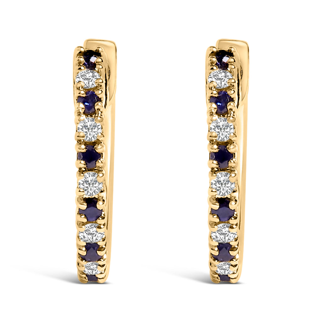 10K Yellow Gold Alternating Blue Sapphire 1/10 Cttw Diamond Huggy Hoop Earrings  (I-J Color, I1-I2 Clarity)