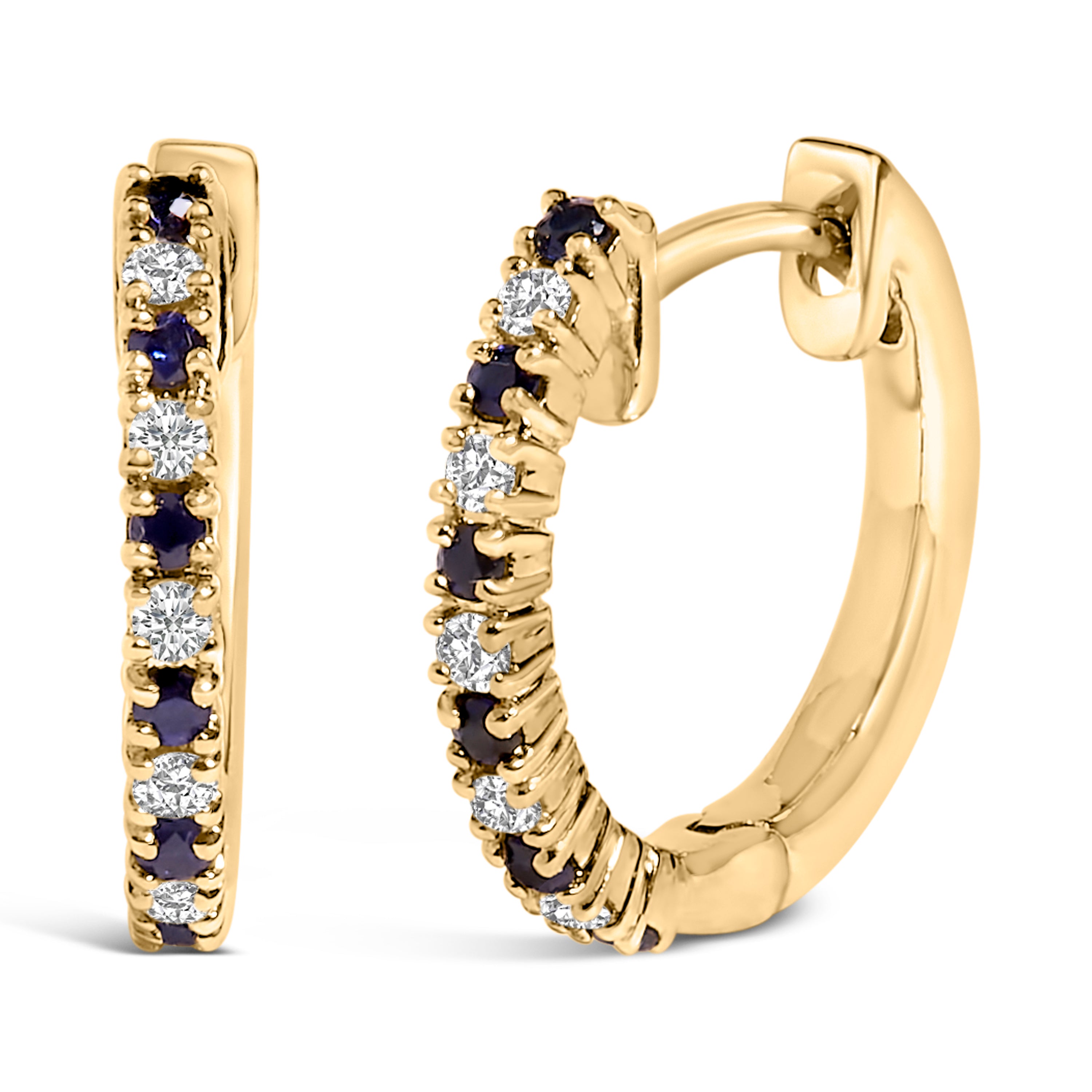 10K Yellow Gold Alternating Blue Sapphire 1/10 Cttw Diamond Huggy Hoop Earrings  (I-J Color, I1-I2 Clarity)