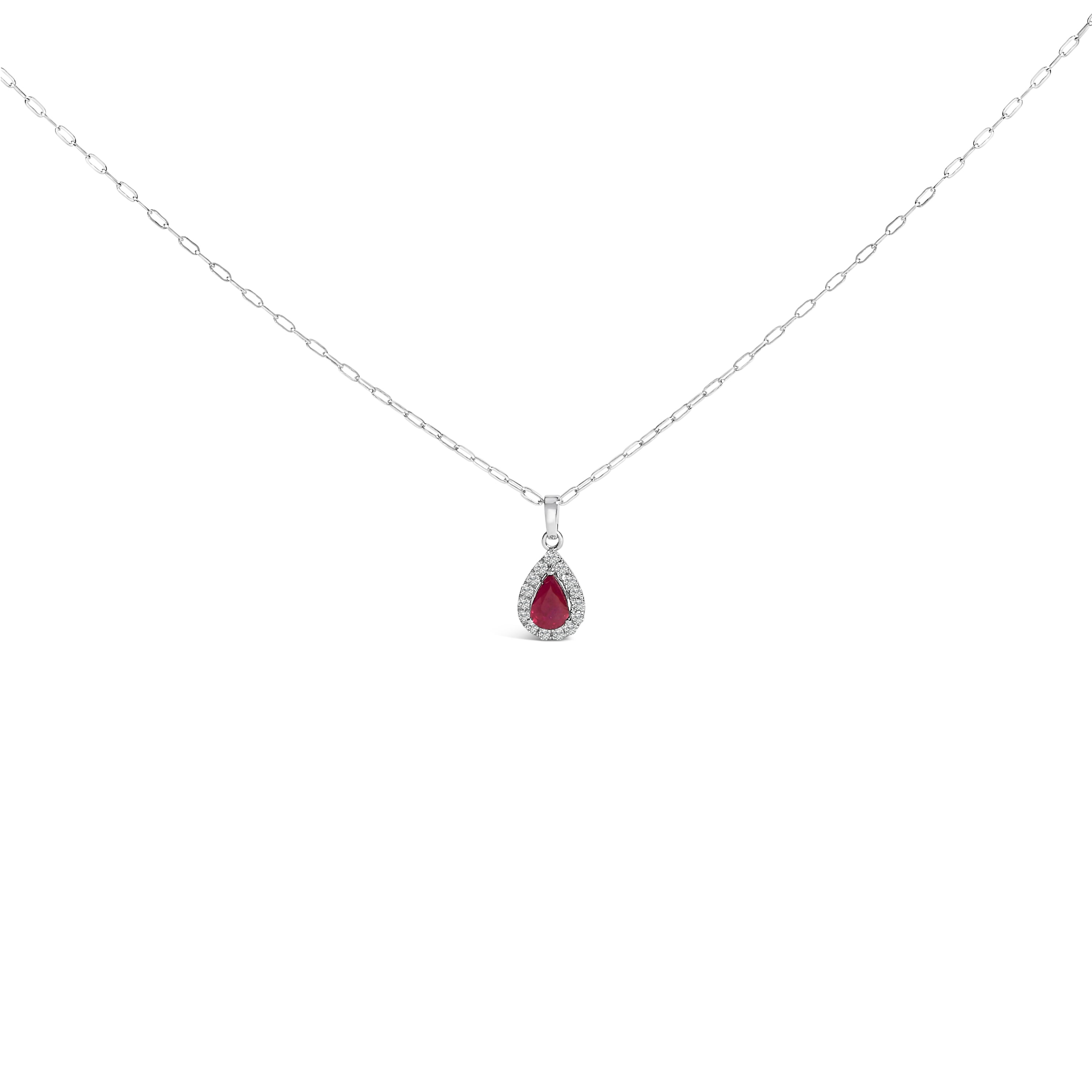 14K White Gold 6x4 Pear Red Ruby and Diamond Halo Pendant Necklace - 18" Inches