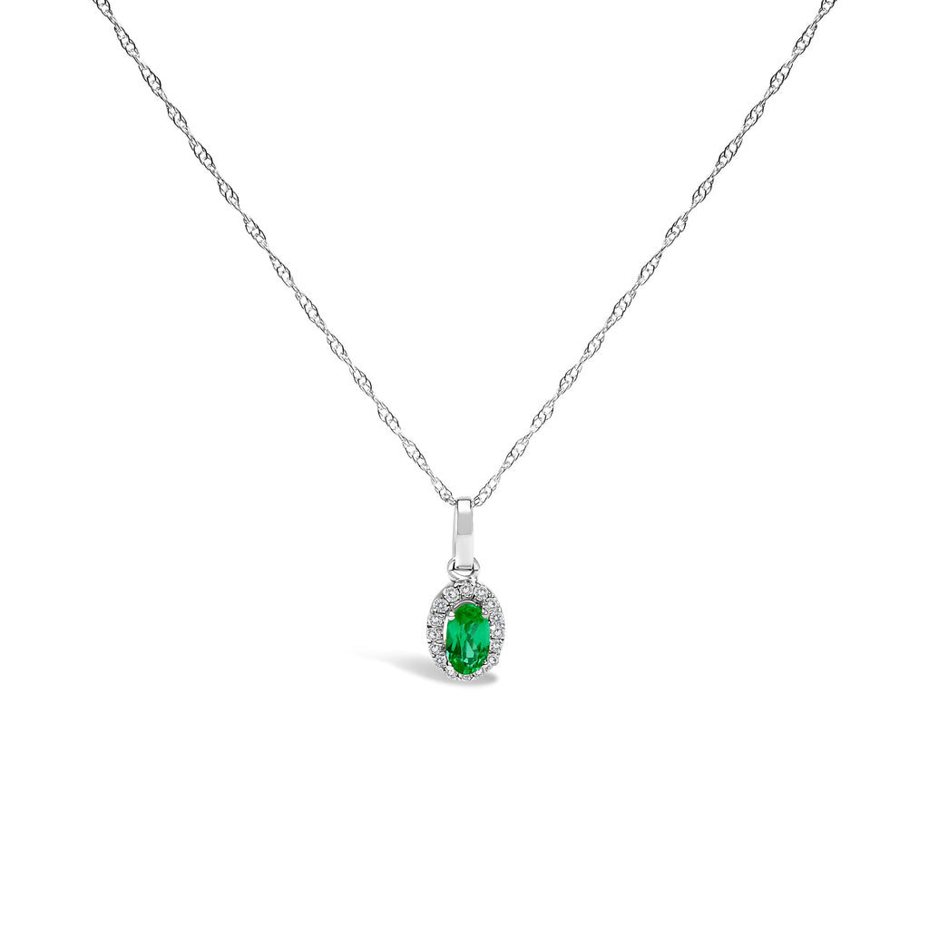 10K White Gold 5x3mm Green Emerald and Diamond Accent Halo Oval Shape 18" Pendant Necklace (I-J Color, I1-I2 Clarity)