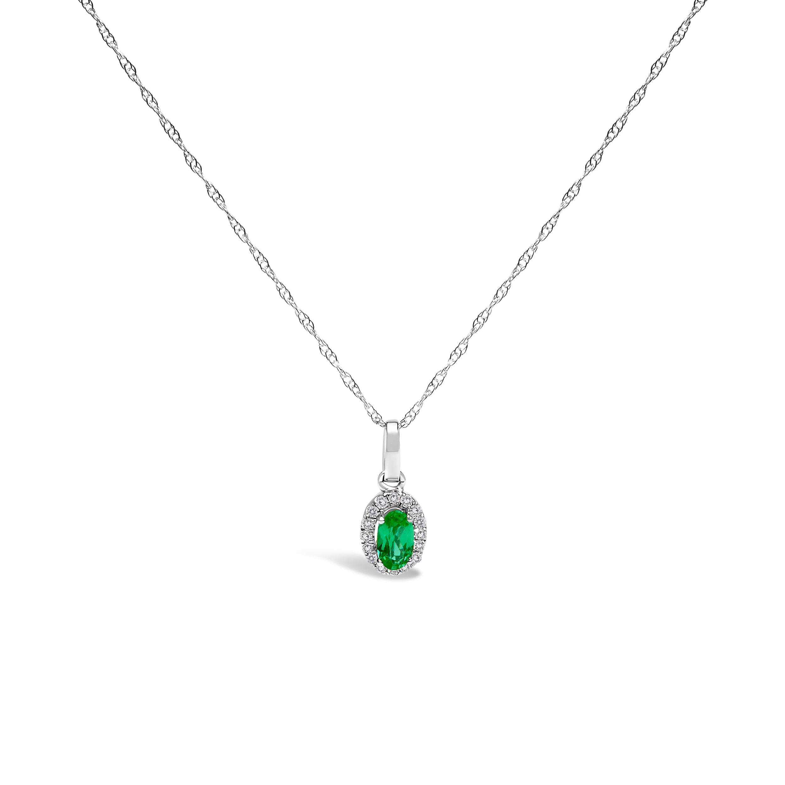 10K White Gold 5x3mm Green Emerald and Diamond Accent Halo Oval Shape 18" Pendant Necklace (I-J Color, I1-I2 Clarity)