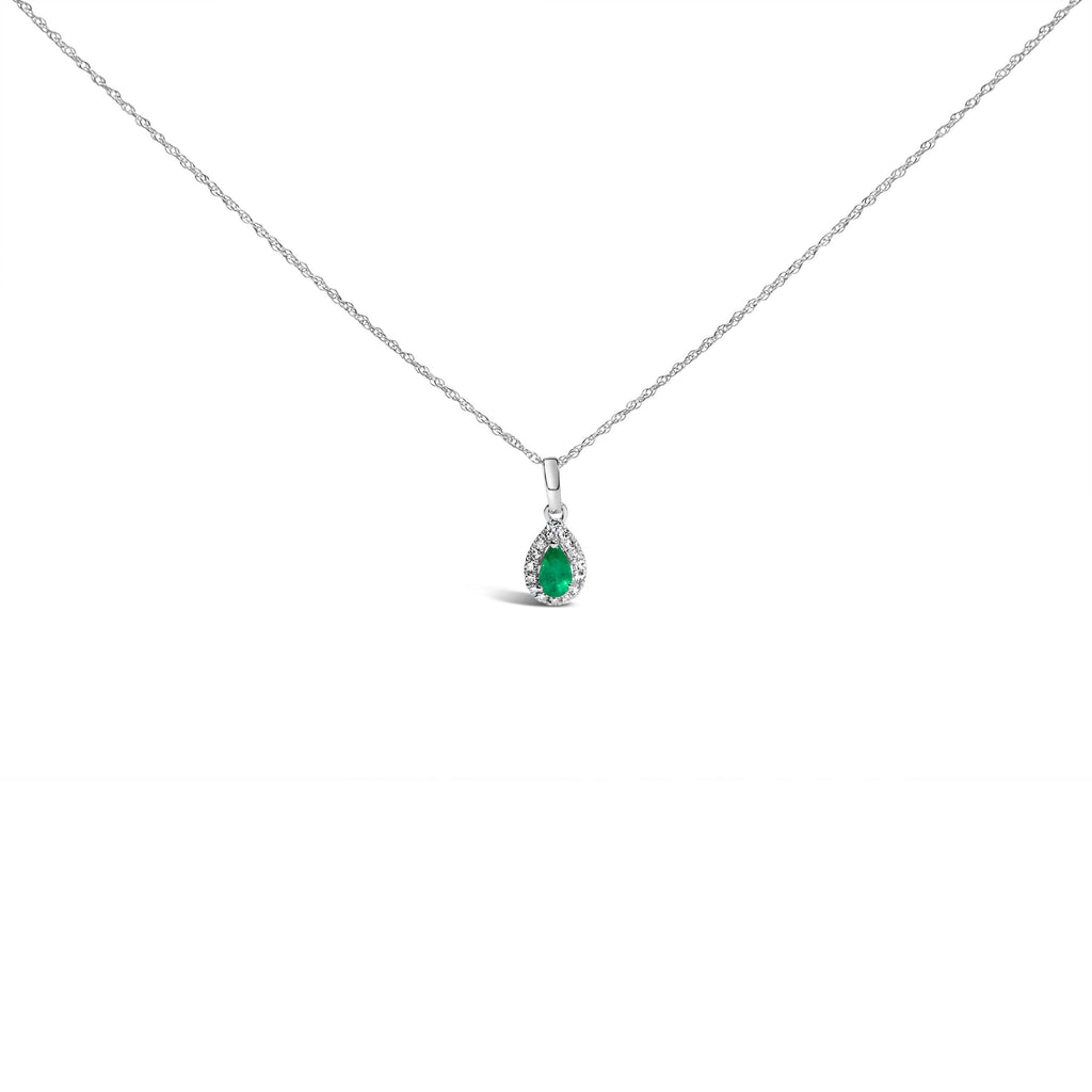 10K White Gold 5x3mm Green Emerald and Diamond Accent Halo Pear Shape 18" Pendant Necklace (I-J Color, I1-I2 Clarity)