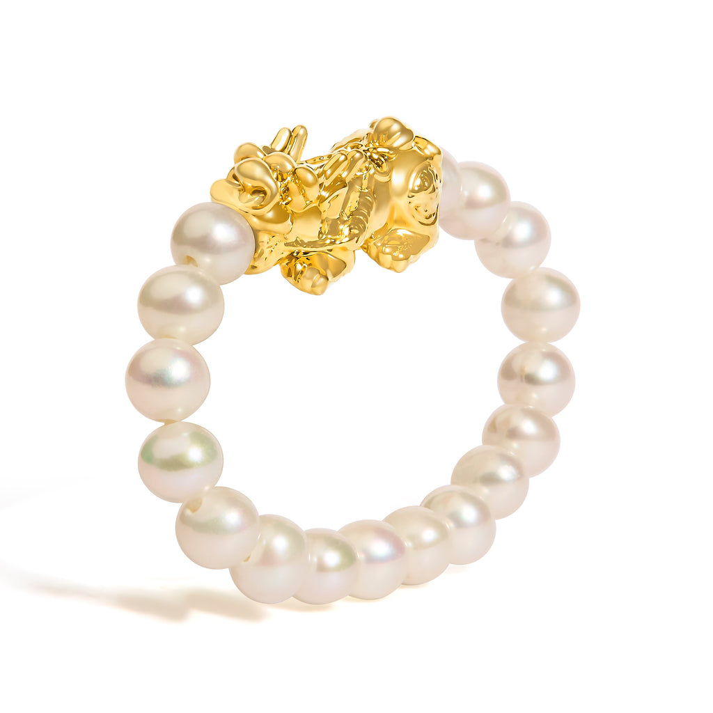 18K Yellow Gold Freshwater Pearl Dragon Charm Adjustable Ring Band