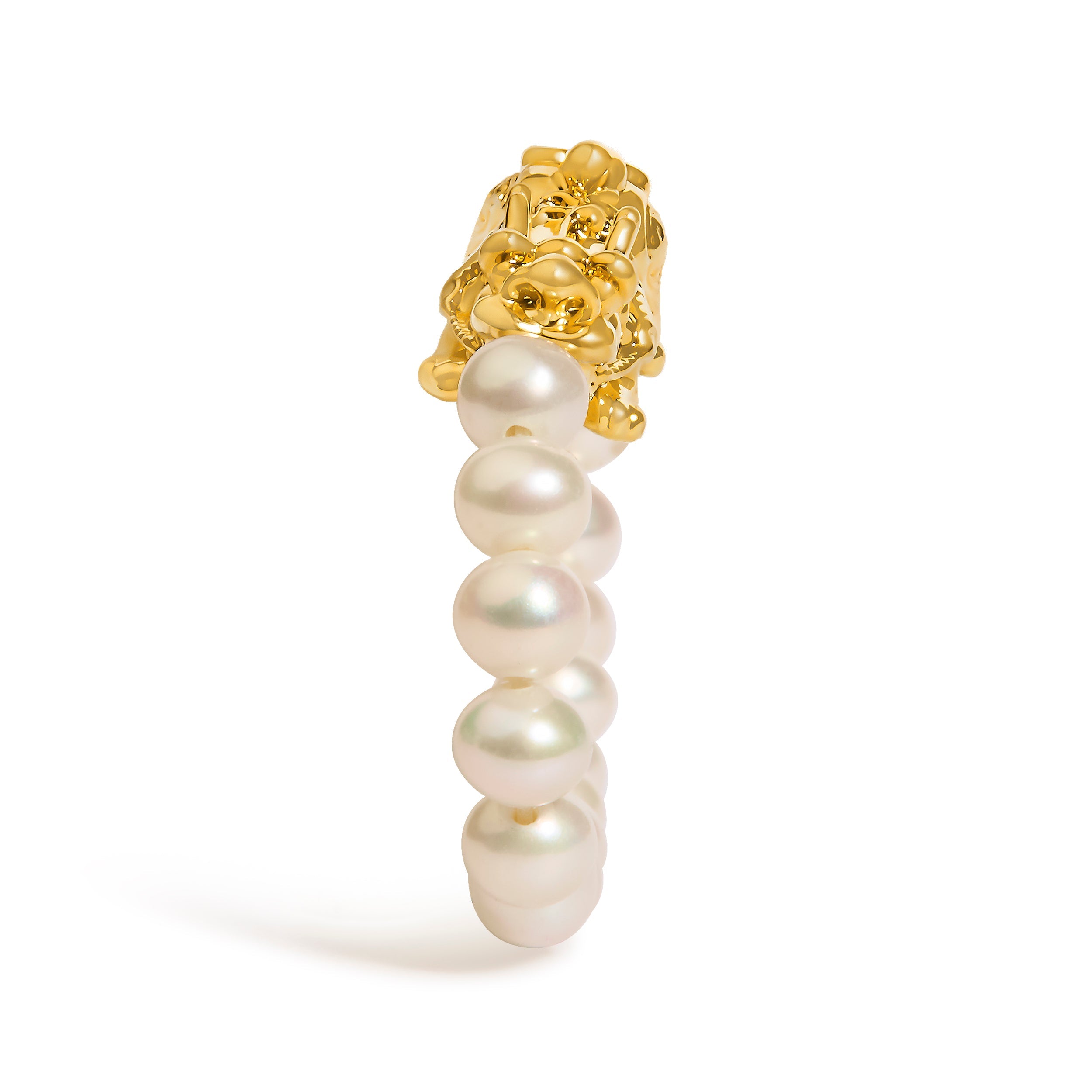 18K Yellow Gold Freshwater Pearl Dragon Charm Adjustable Ring Band