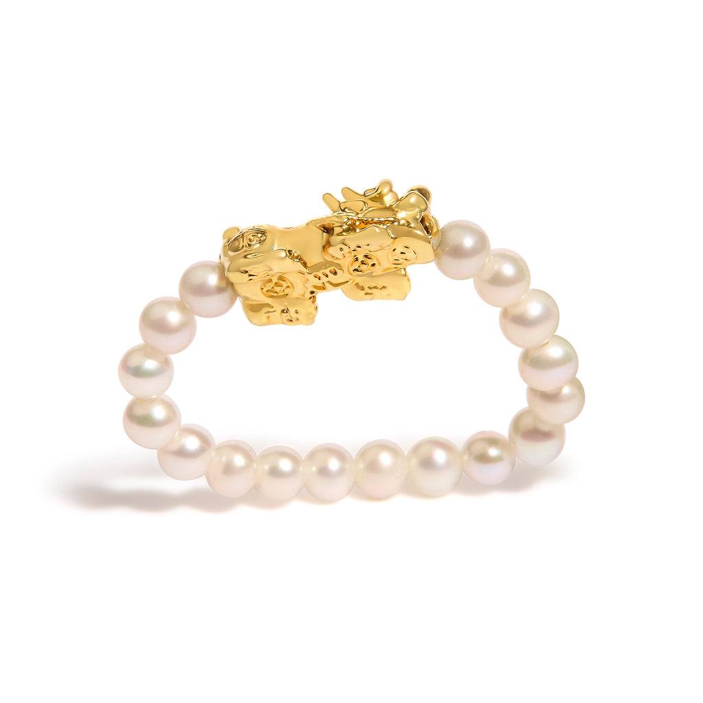 18K Yellow Gold Freshwater Pearl Dragon Charm Adjustable Ring Band