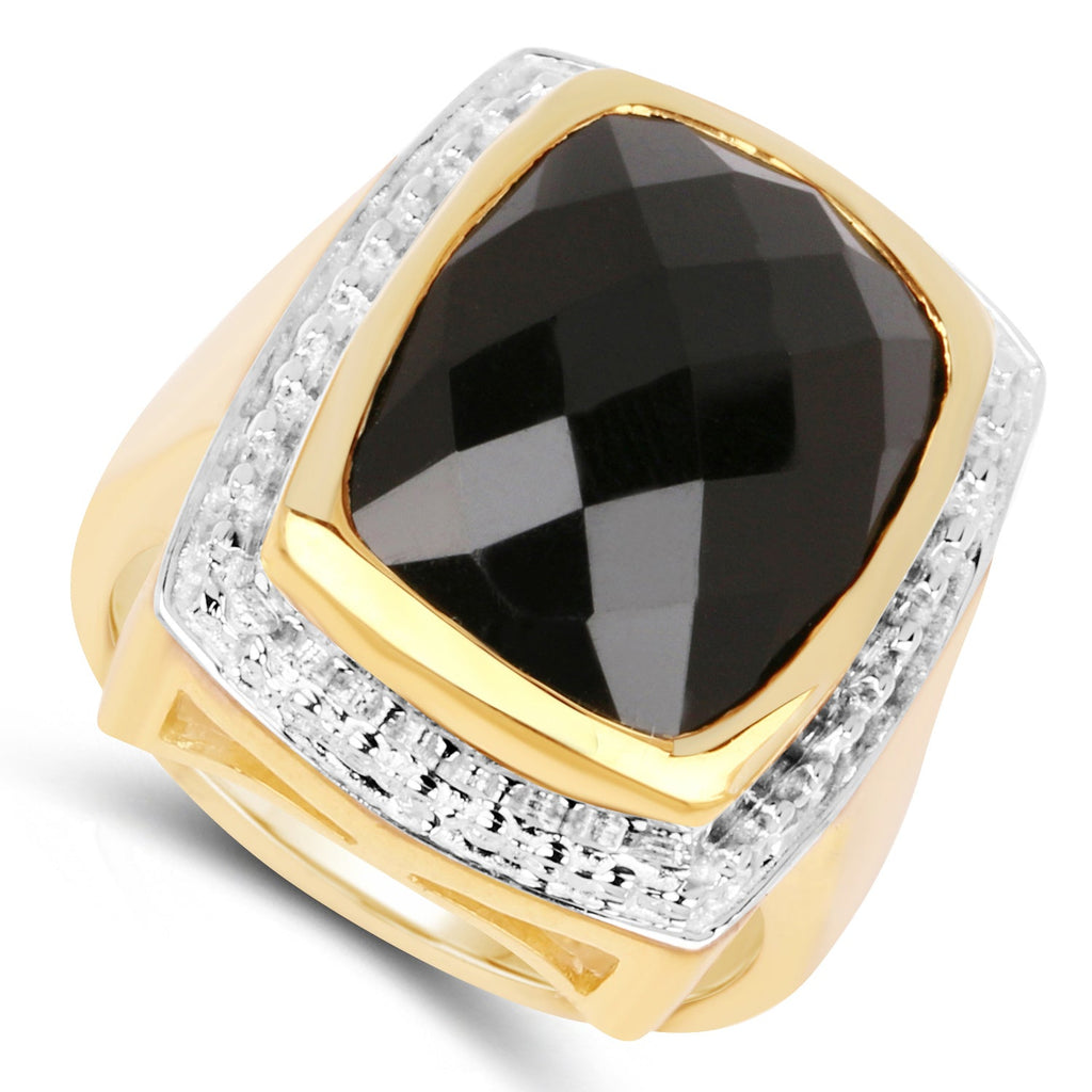 14K Yellow Gold Plated 11.00 Carat Genuine Black Onyx .925 Sterling Silver Ring