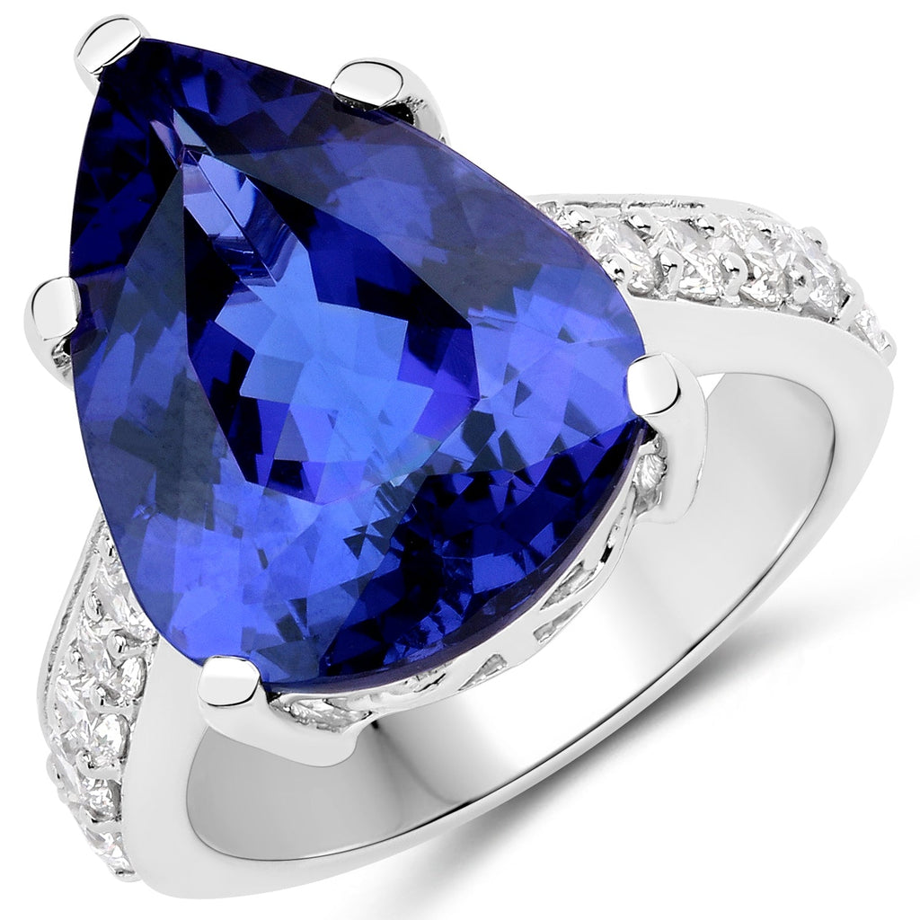 11.40 Carat Genuine Tanzanite and White Diamond 18K White Gold Ring