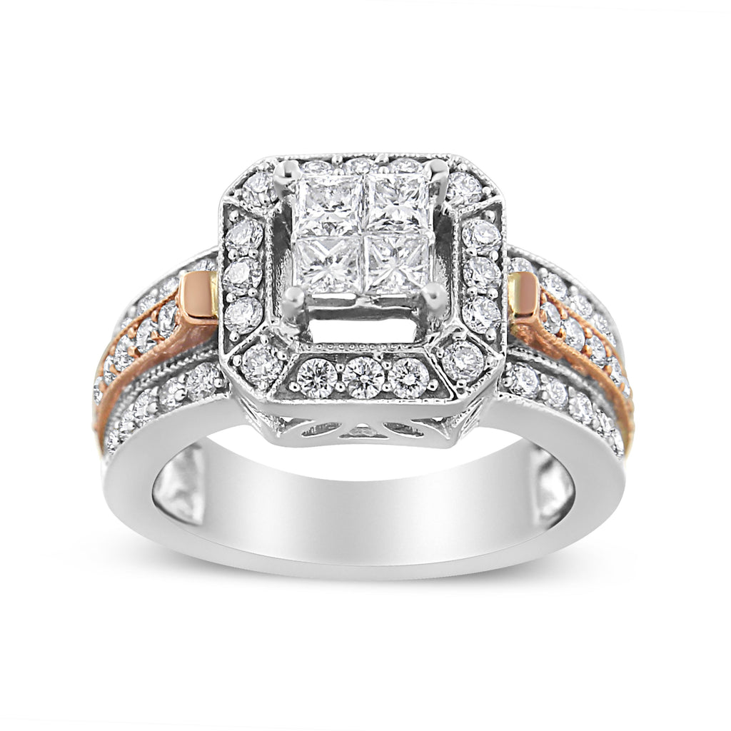 14K White and Rose Gold 1 1/8 Cttw Princess and Round-Cut Diamond Art Deco Style Triple Shank Halo Cocktail Ring (I-J Color, SI2-I1 Clarity) - Size 7