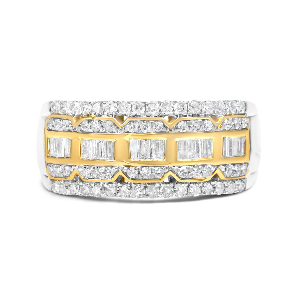 10K White and Yellow Gold 1.00 Cttw Baguette and Round cut Diamond Art Deco Multi-Row Ring Band (I-J Color, I1-I2 Clarity) - Ring Size 7