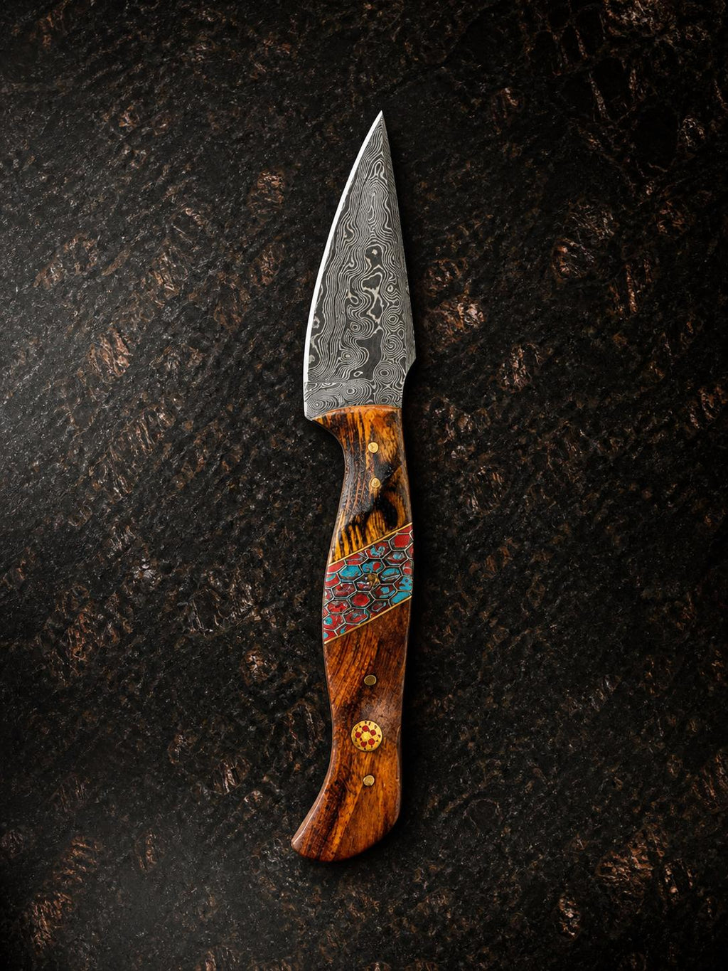 Titan "Painted Mesa" Damascus Hunting Knife | Cocobolo Rosewood & Turquoise Mosaic Handle | Hand-Tooled Leather Sheath TK-514