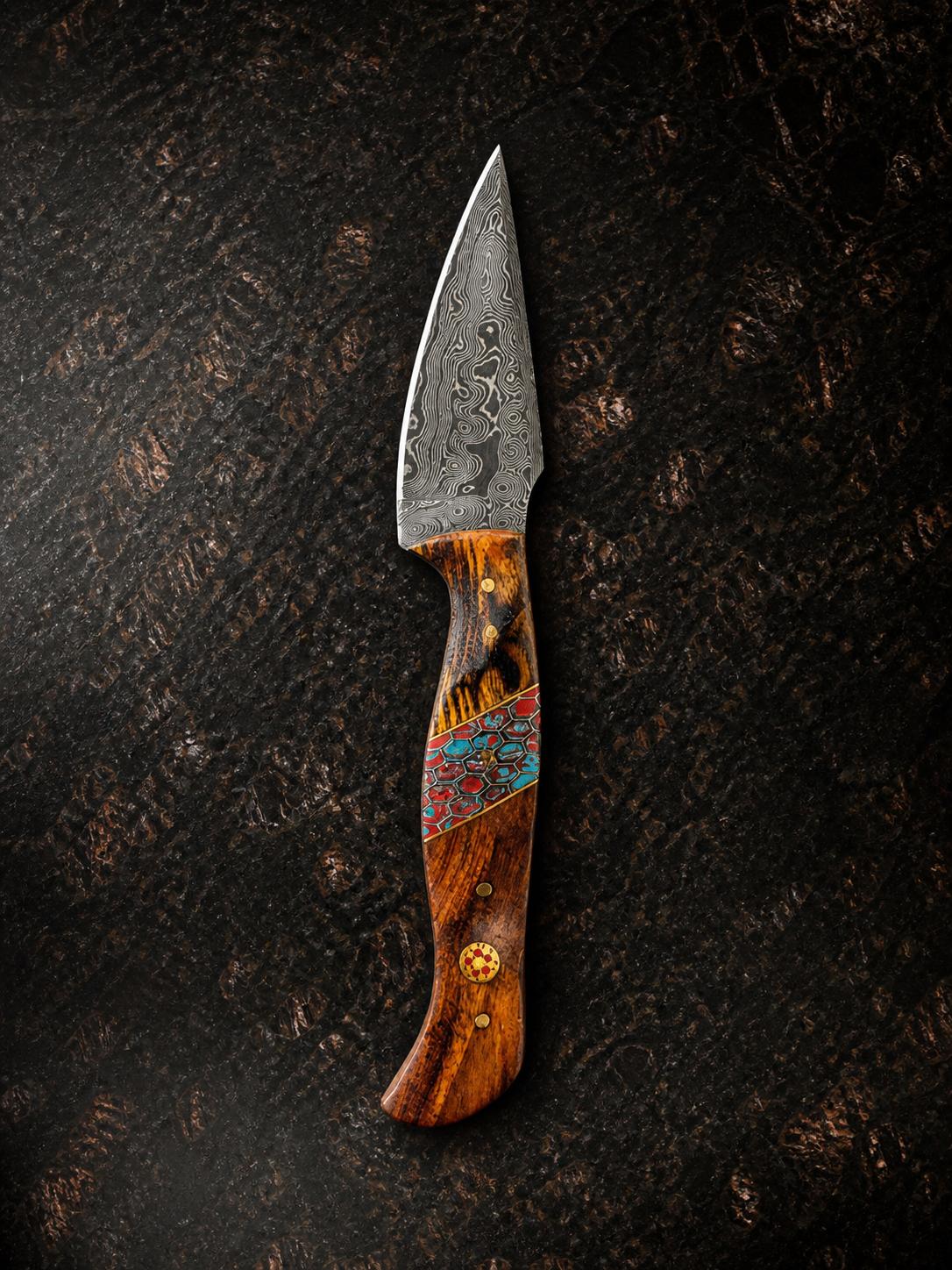 Titan "Painted Mesa" Damascus Hunting Knife | Cocobolo Rosewood & Turquoise Mosaic Handle | Hand-Tooled Leather Sheath TK-514