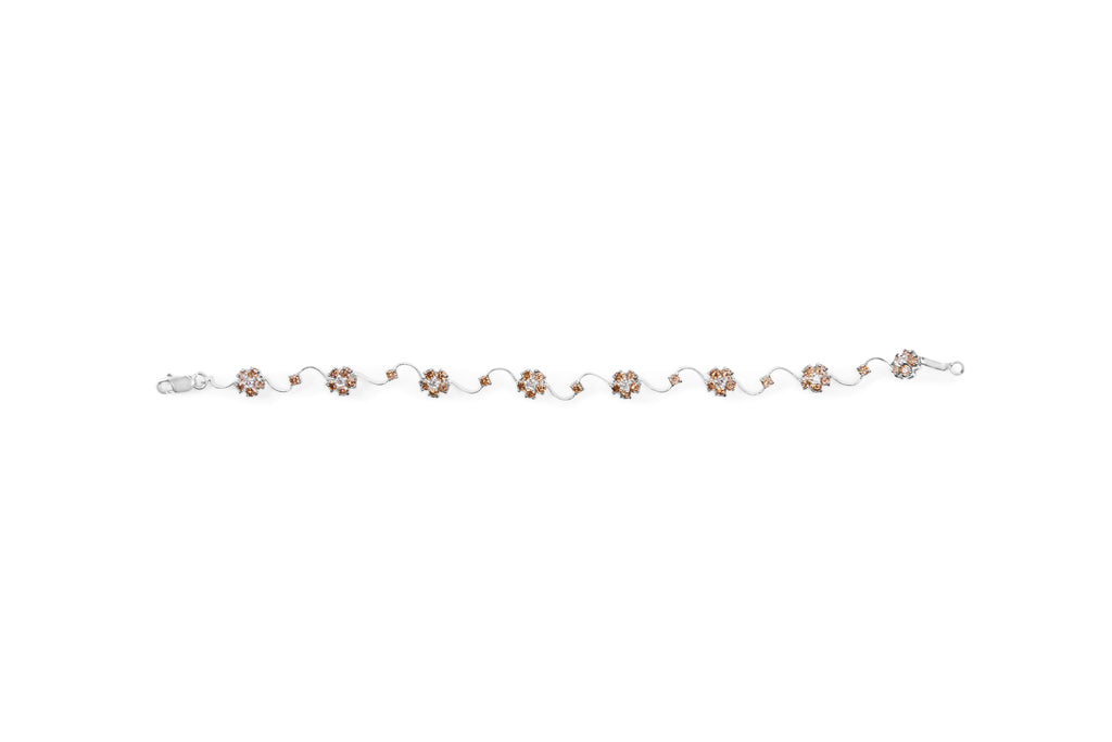 10K White Gold 4.0 Cttw Champagne and White Diamond Floral Cluster and Station Link Bracelet (H-I Color, SI2-I1 Clarity) - 7" Inches
