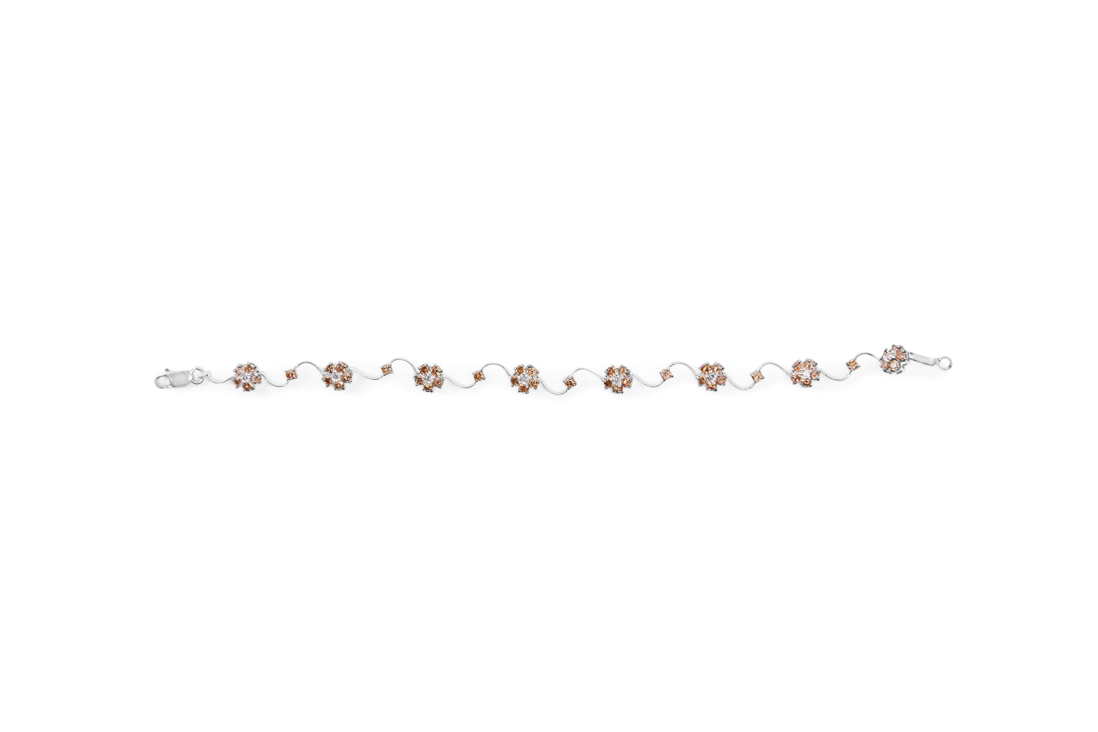 10K White Gold 4.0 Cttw Champagne and White Diamond Floral Cluster and Station Link Bracelet (H-I Color, SI2-I1 Clarity) - 7" Inches