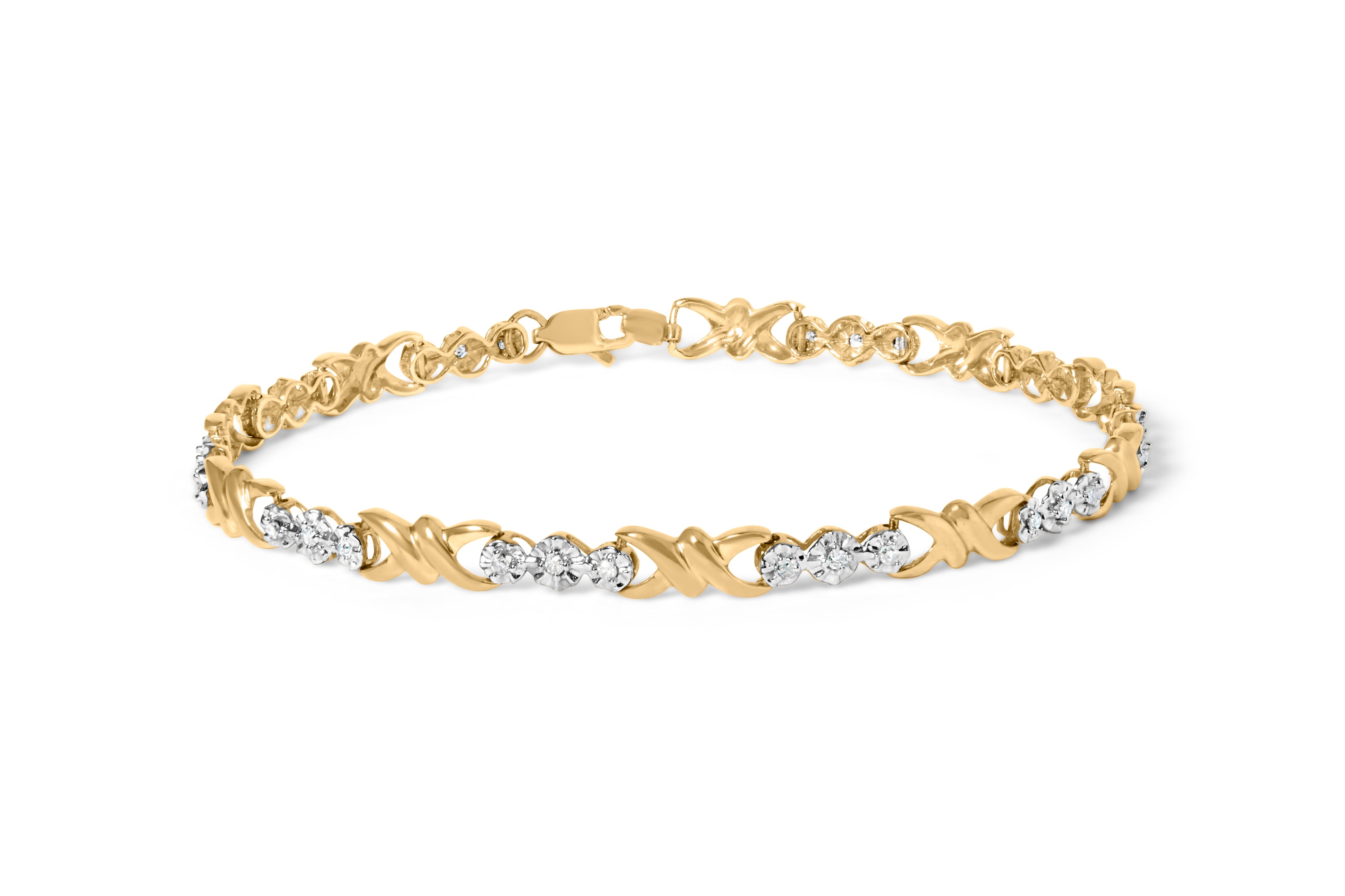 10k Yellow Gold 1/3 Cttw Diamond 3 Stone and X-Link Bracelet (I-J Color, I1-I2 Clarity) - 7.50" Inches