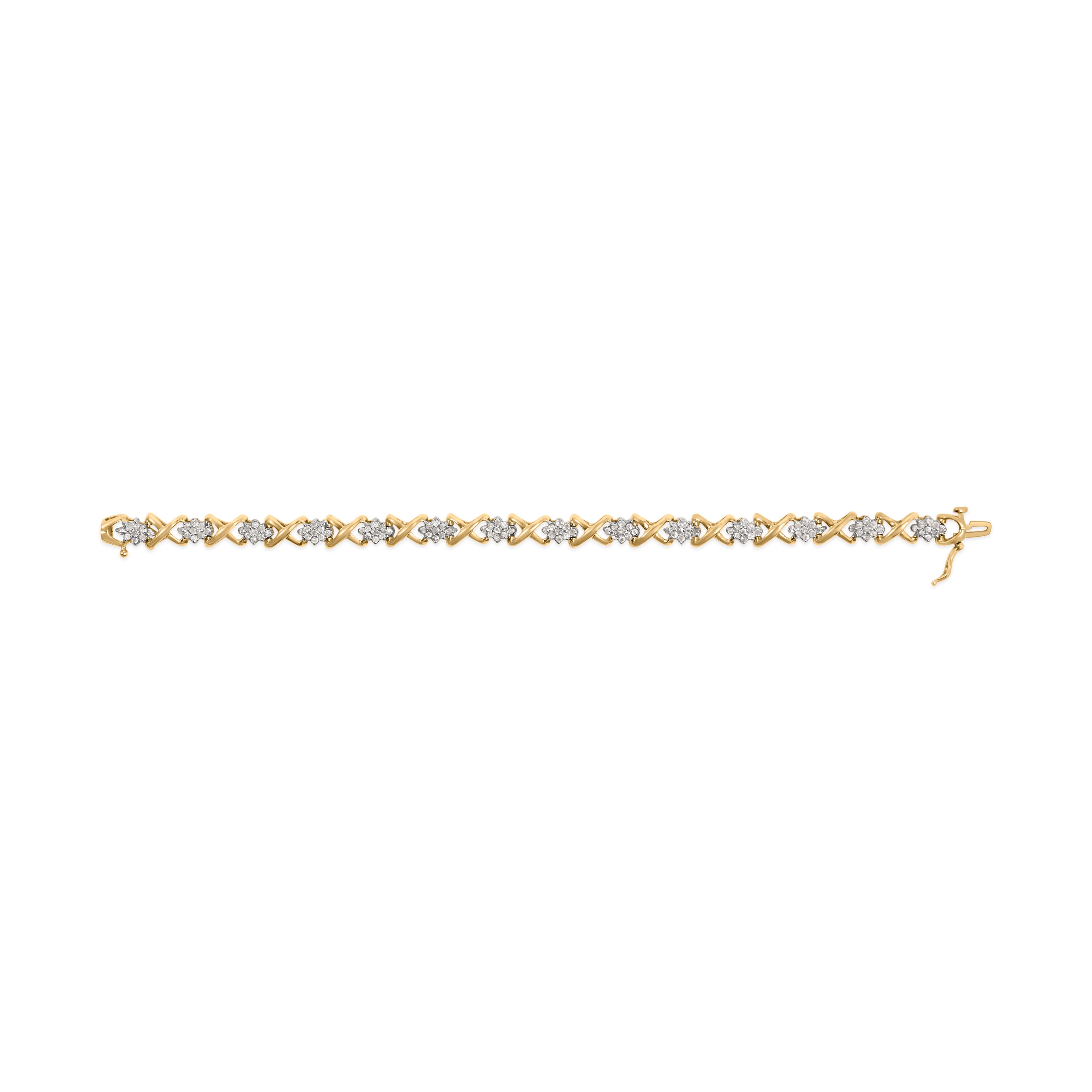 10k Yellow Gold 2.00 Cttw Diamond Cluster and Alternating "X" Link Bracelet (I-J Color, I3 Clarity) - 7"