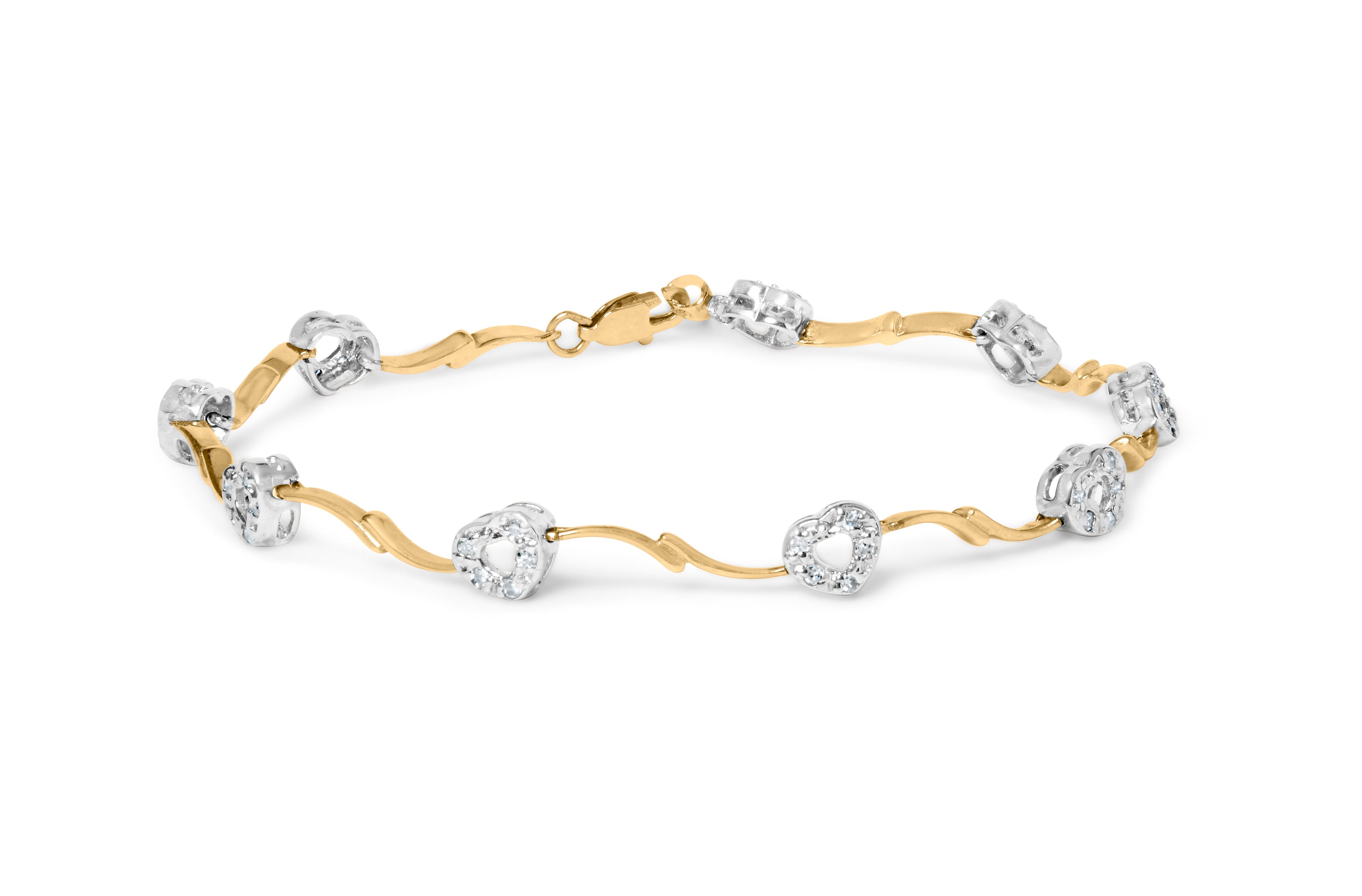 10k Two-Tone Gold 1/3 Cttw Diamond Pave Set Heart S-Link 7.25" Bracelet (I-J Color, I2-I3 Clarity)