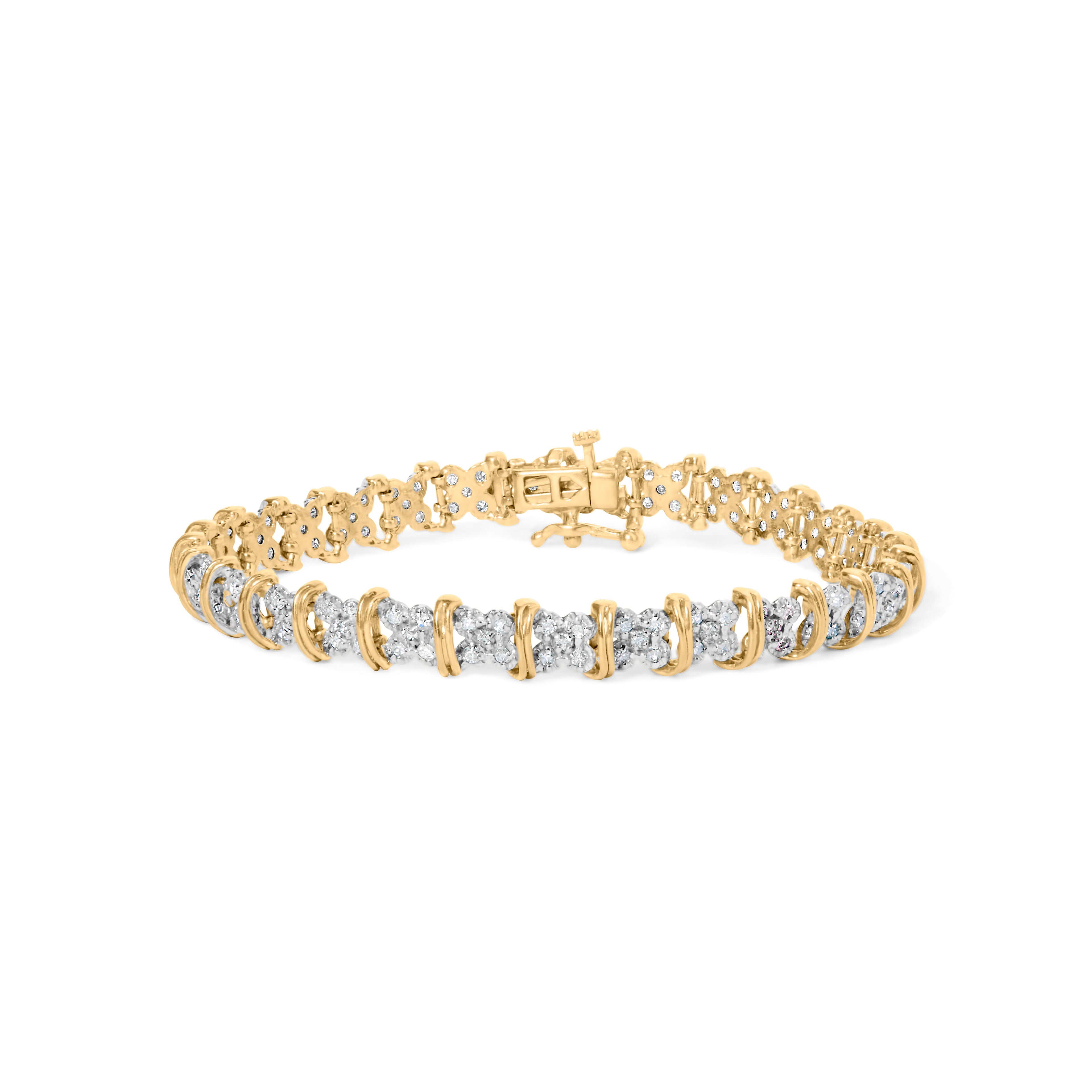10K Yellow Gold Plated .925 Sterling Silver 2.0 Cttw Round Diamond Cluster "X" Shaped Link Bracelet (H-I Color, I3 Clarity) - 7"
