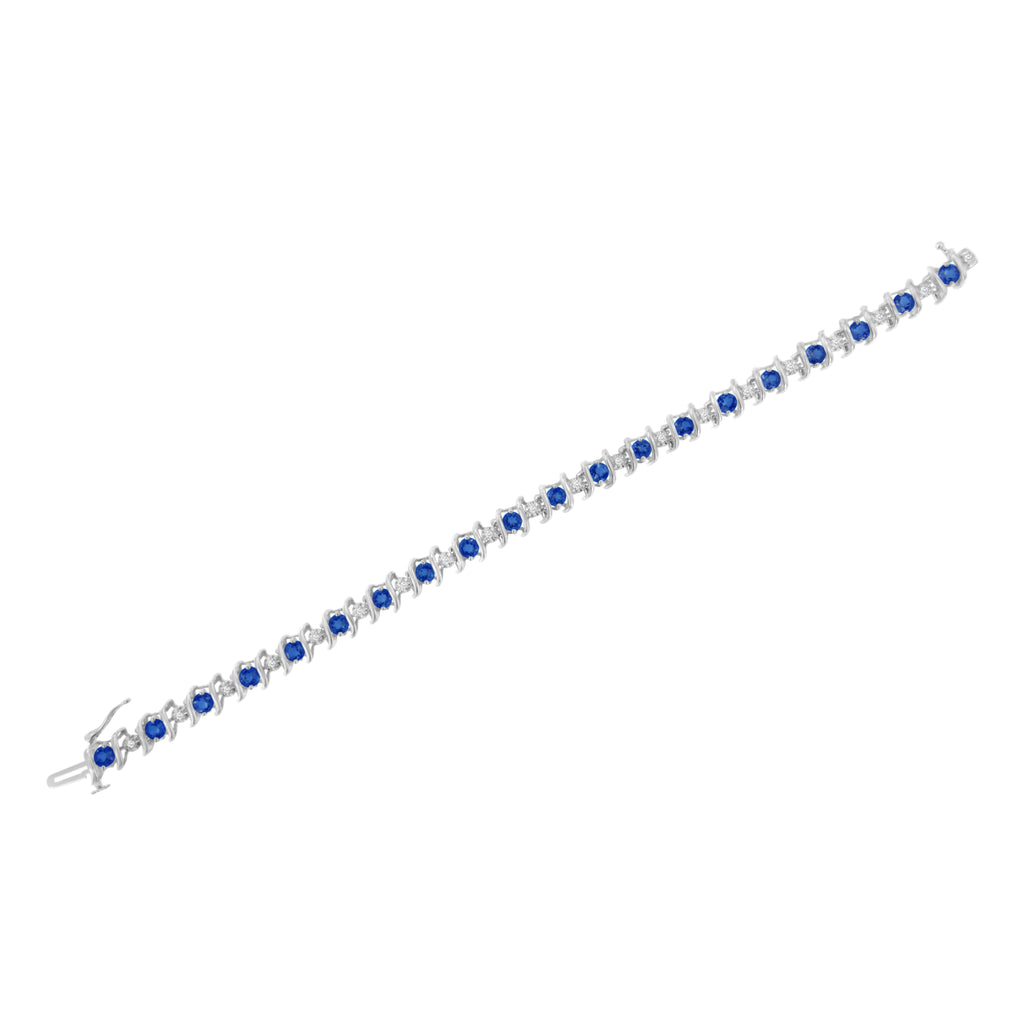 .925 Sterling Silver, Lab-Grown Gemstone and 4 Cttw Round Diamond Tennis Bracelet (H-I Color, I1-I2 Clarity) - Created Blue Sapphire, September Birthstone