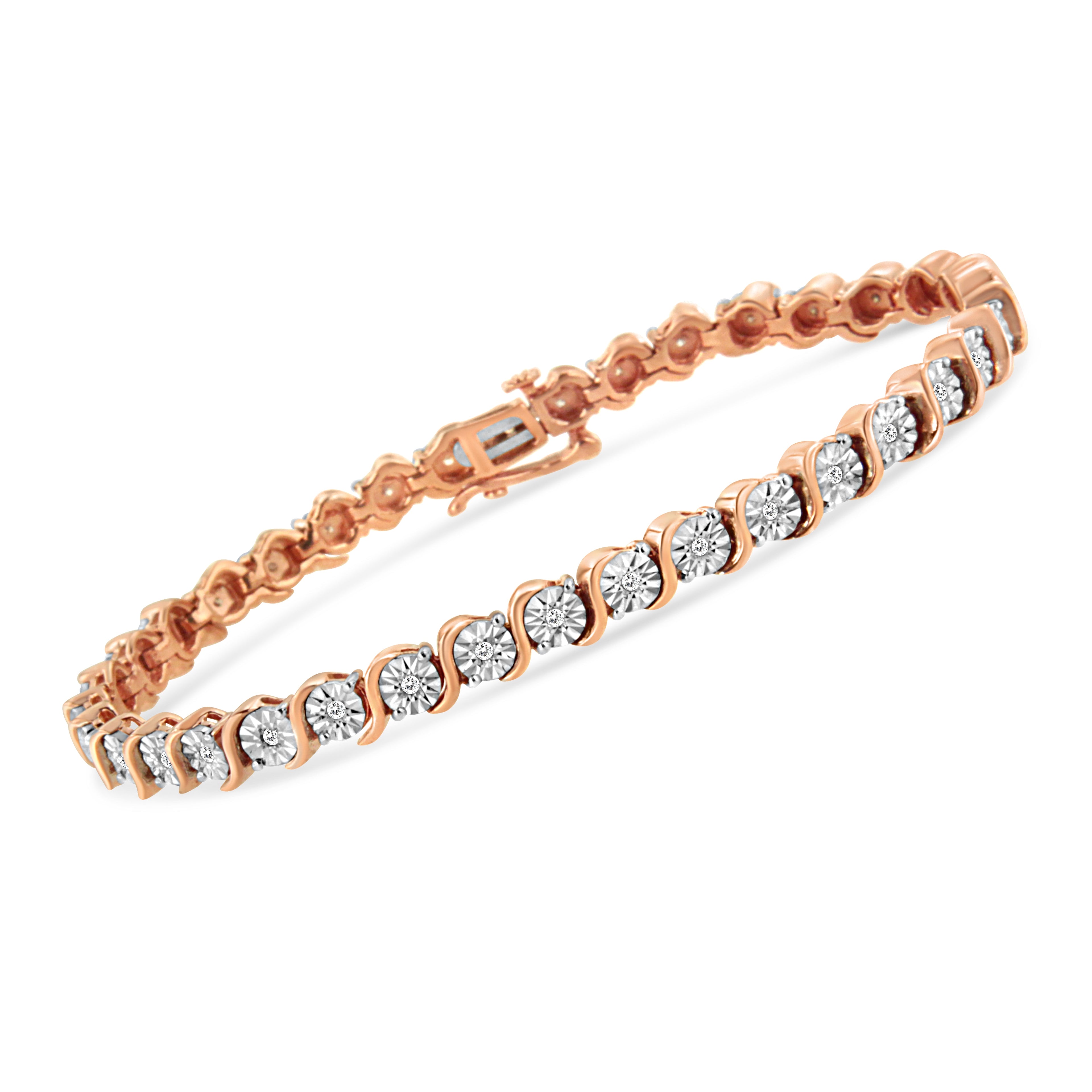 14K Rose Gold Plated .925 Sterling Silver 1/4 Cttw Diamond Round Miracle Plate and "S" Link Tennis Bracelet (I-J Color, I2- I3 Clarity) - 7"