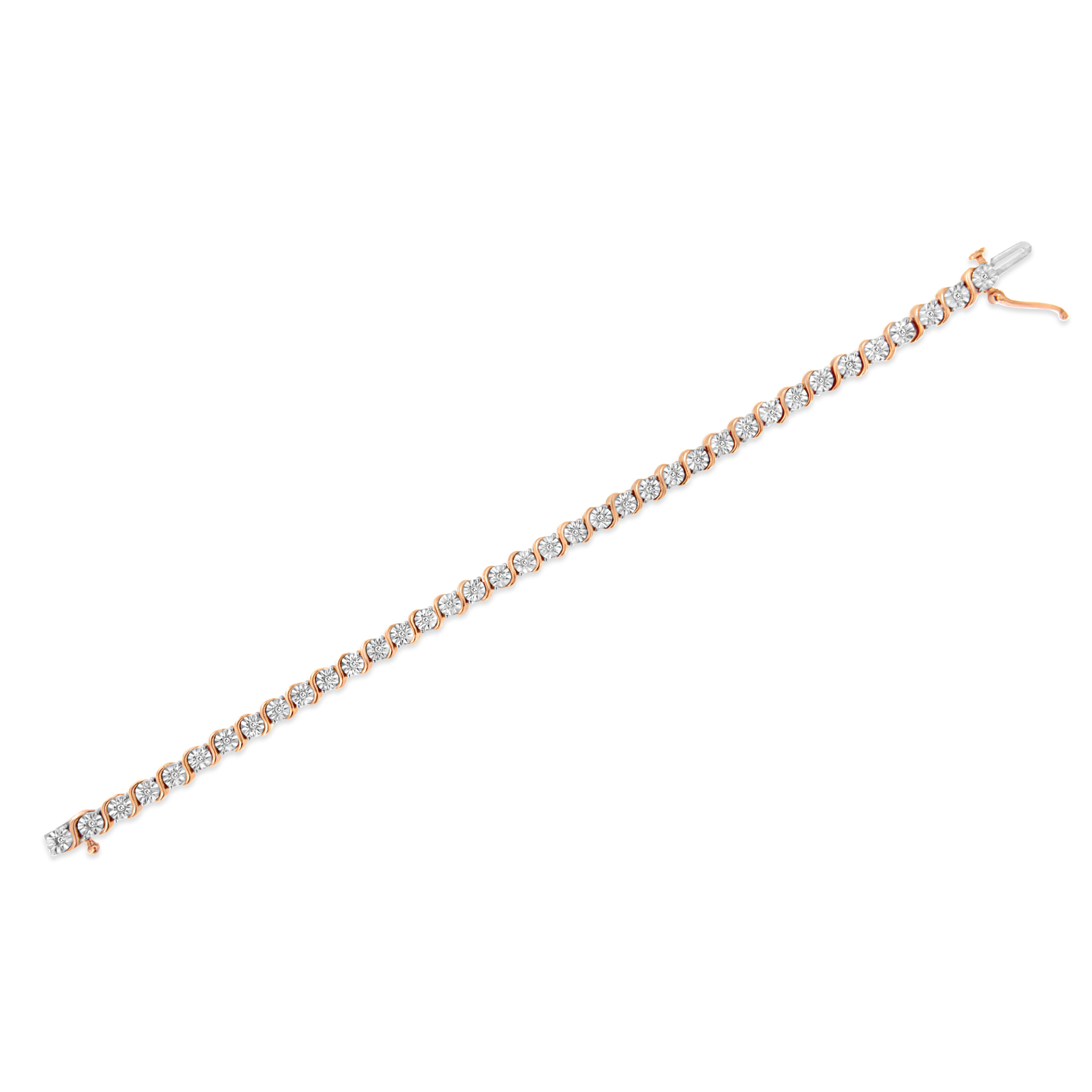 14K Rose Gold Plated .925 Sterling Silver 1/4 Cttw Diamond Round Miracle Plate and "S" Link Tennis Bracelet (I-J Color, I2- I3 Clarity) - 7"