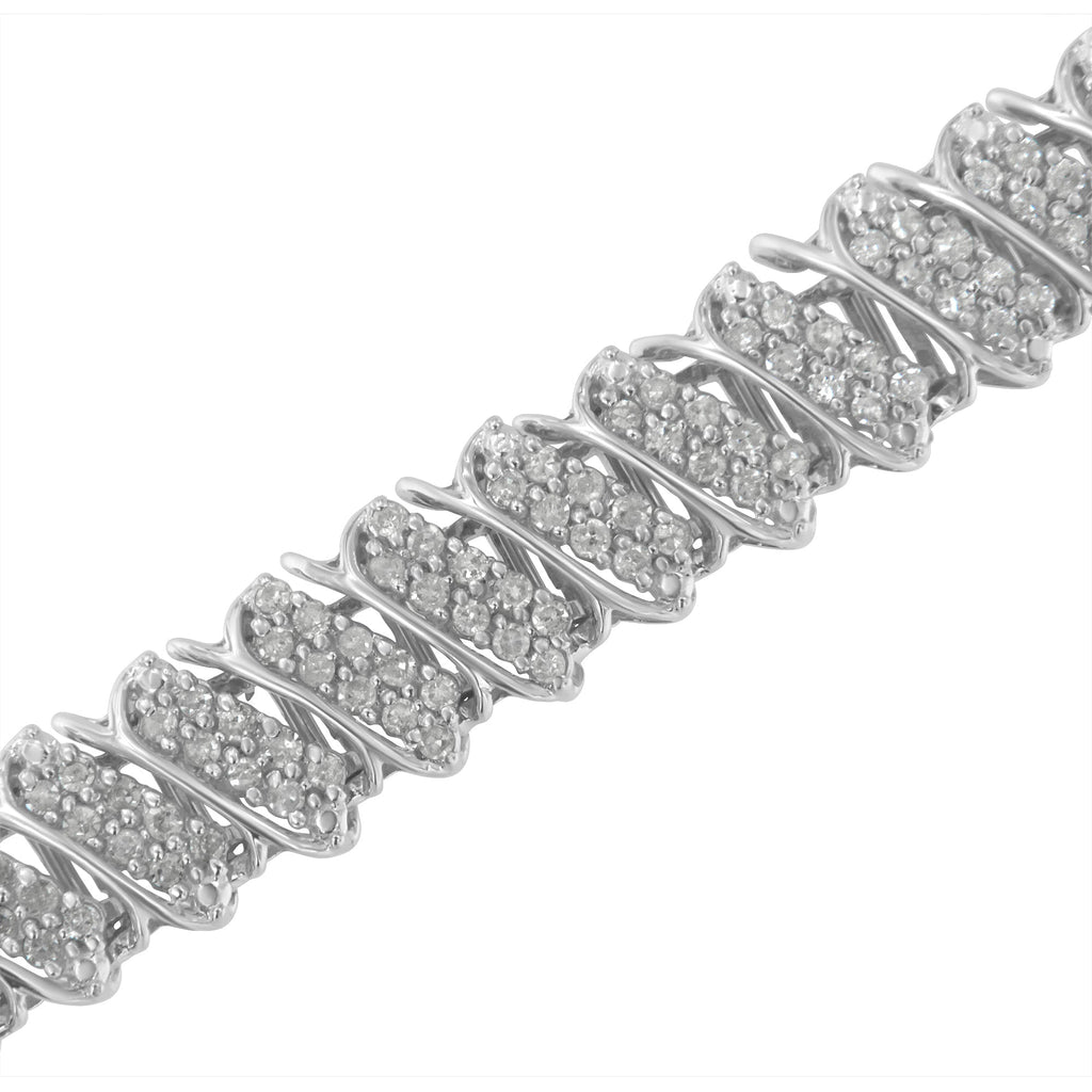 .925 Sterling Silver 3.0 Cttw Diamond Multi Row Cluster Slanted Wave Link 7-Â¼â€ Tennis Bracelet (I-J Color, I2-I3 Clarity)