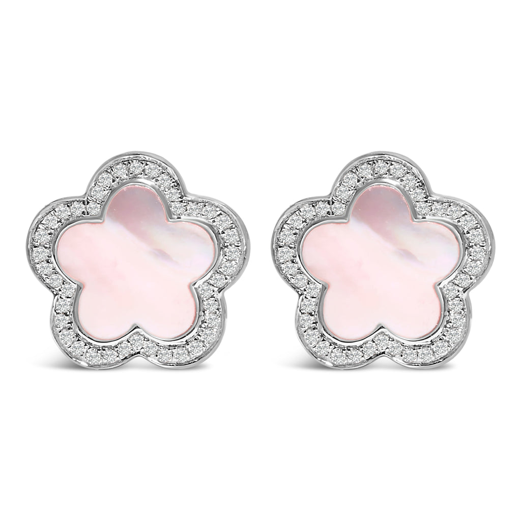 14K White Gold Mother of Pearl and 1/5 Cttw Diamond Halo Star Stud Earrings