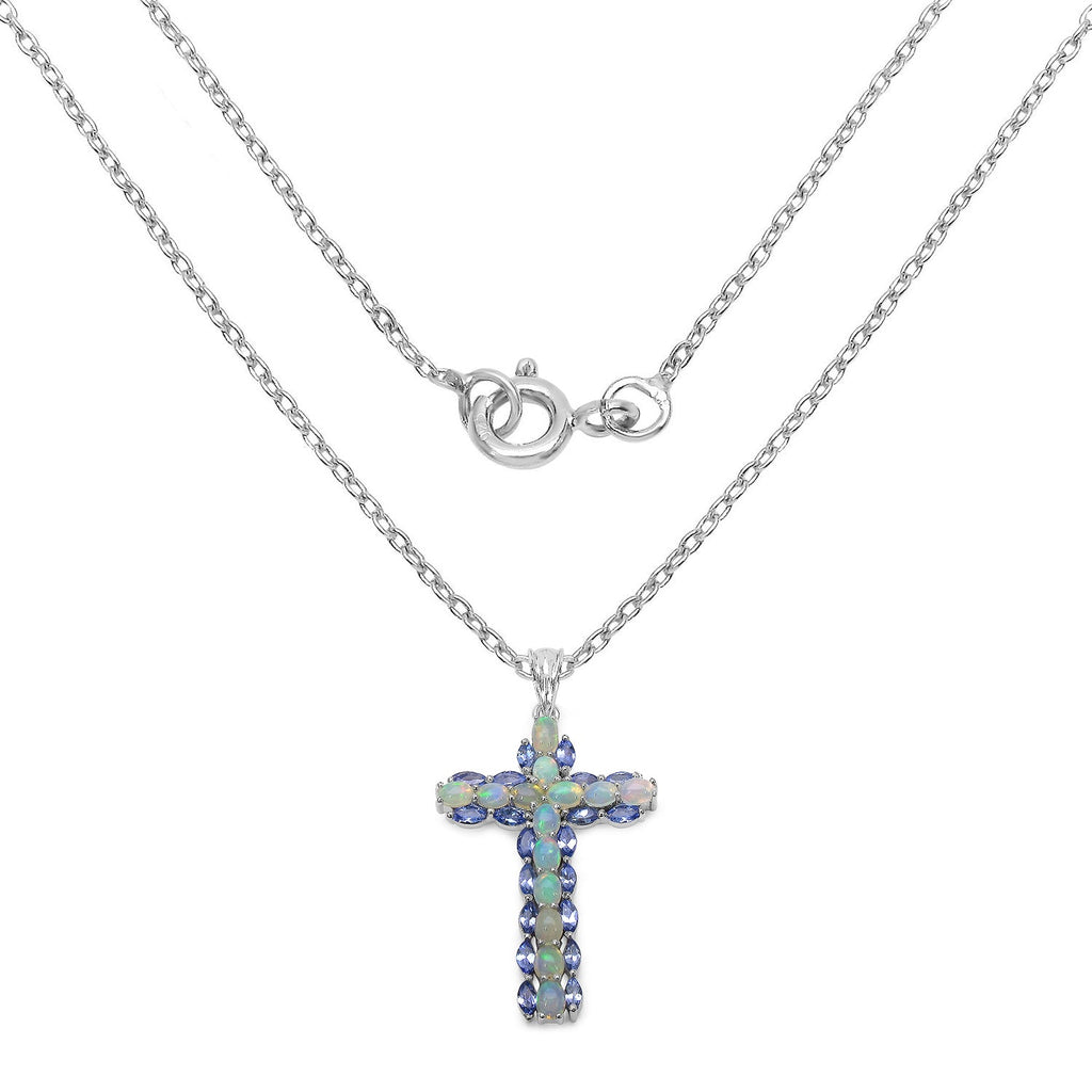 3.32 Carat Genuine Ethiopian Opal and Tanzanite .925 Sterling Silver Pendant