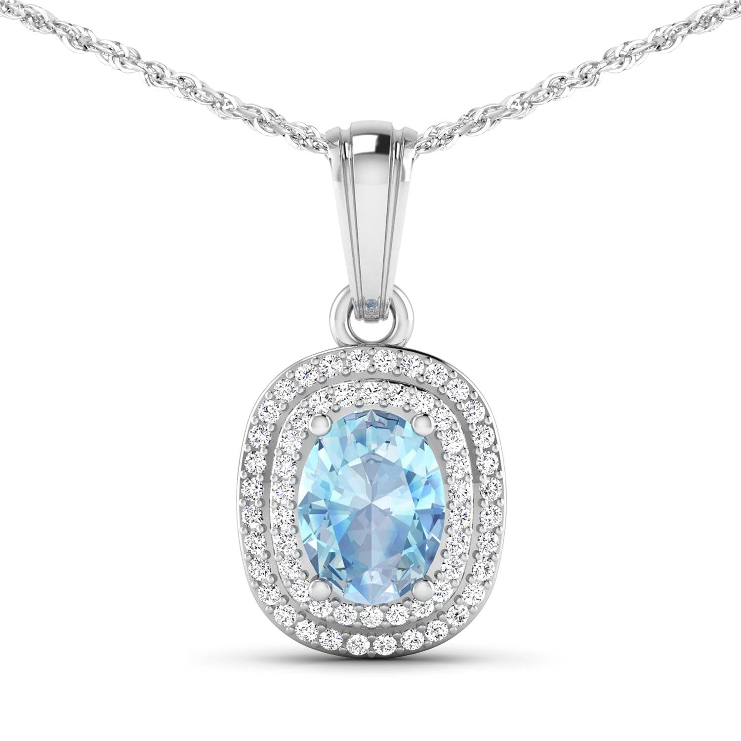 1.35 Carat Genuine Aquamarine and White Diamond 14K White Gold Pendant