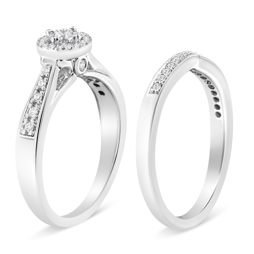 .925 Sterling Silver 1/3 Cttw Diamond Halo and Pave Shank Engagement Ring Set (I-J Color, I3 Clarity) - Ring Size 7
