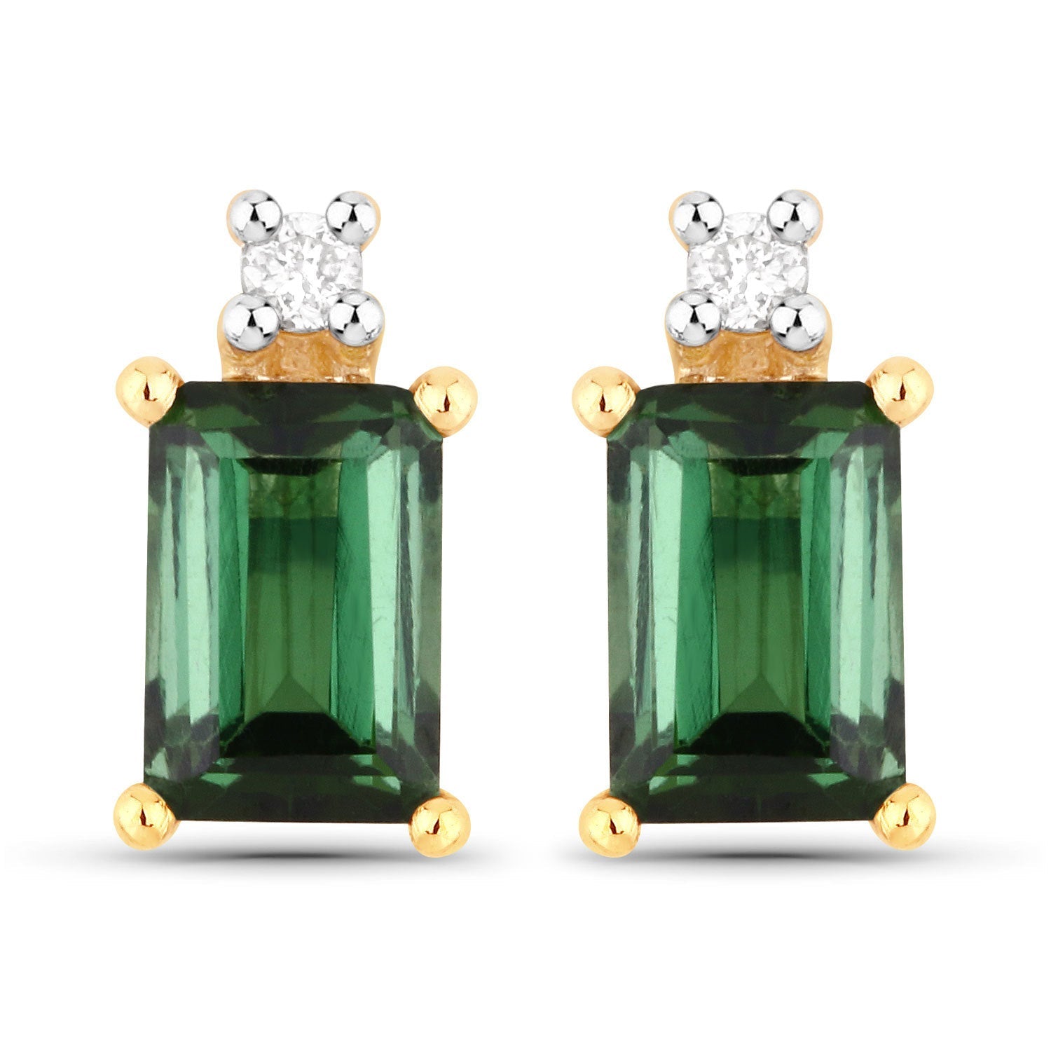 1.24 Carat Genuine Green Tourmaline and White Diamond 14K Yellow Gold Earrings