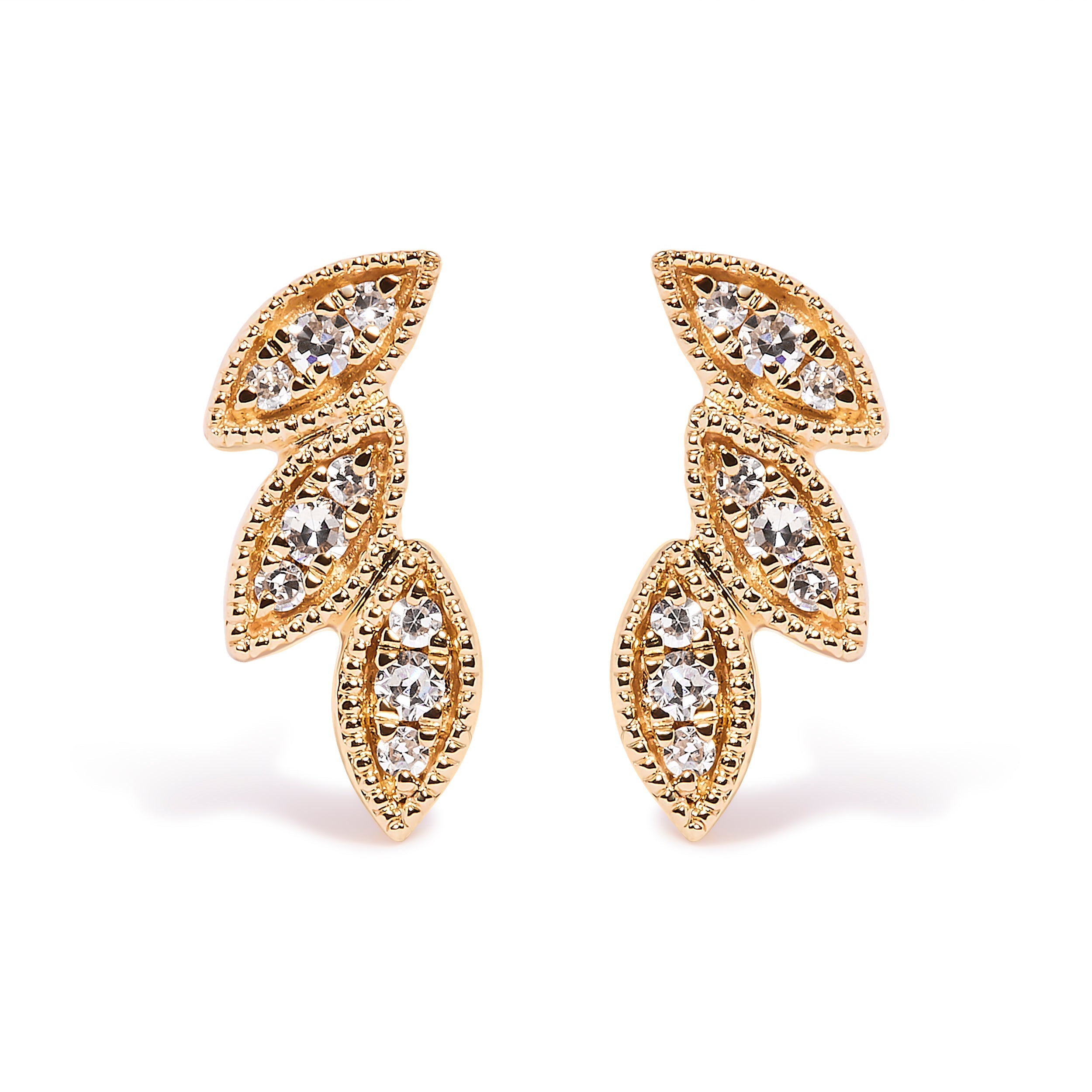 10K Yellow Gold 1/10 Cttw Diamond Triple Leaf Stud Earring (H-I Color, I1-I2 Clarity)
