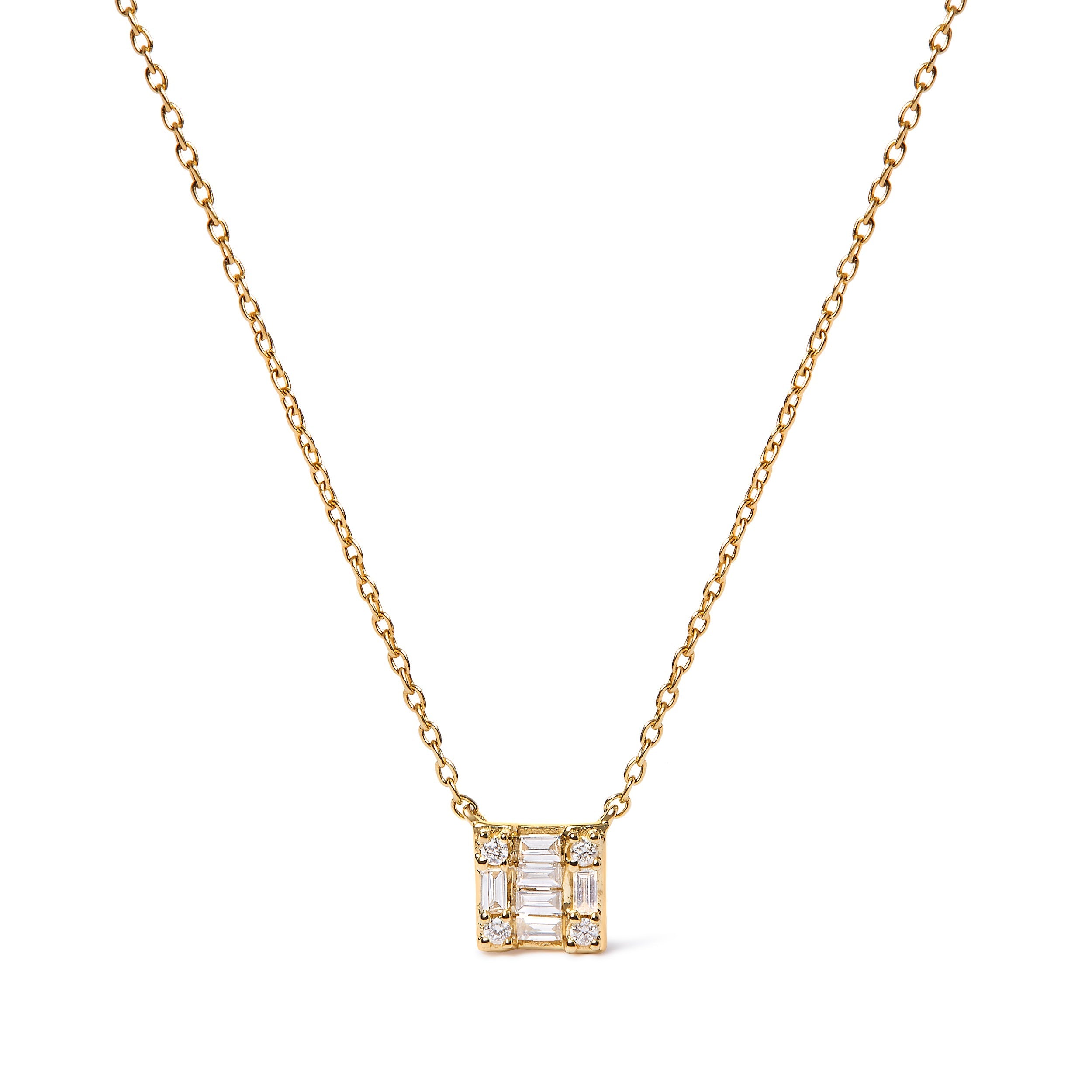 10K Yellow Gold 1/10 Cttw Round and Baguette Diamond Mosaic Composite Square 18" Inch Pendant Necklace (H-I Color, I1-I2 Clarity)