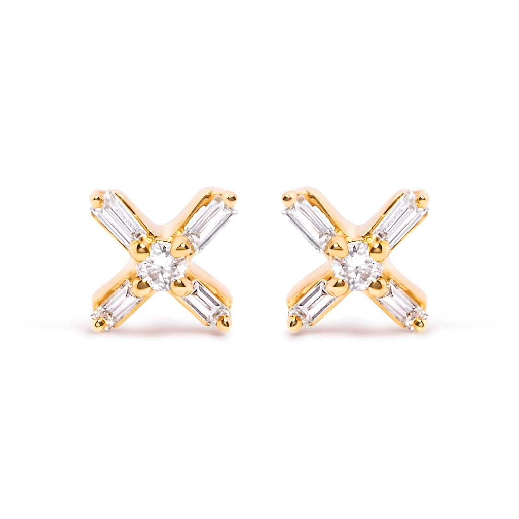 10K Yellow Gold 1/10 Cttw Round and Baguette Diamond Criss Cross X Stud Earring (H-I Color, I1-I2 Clarity)