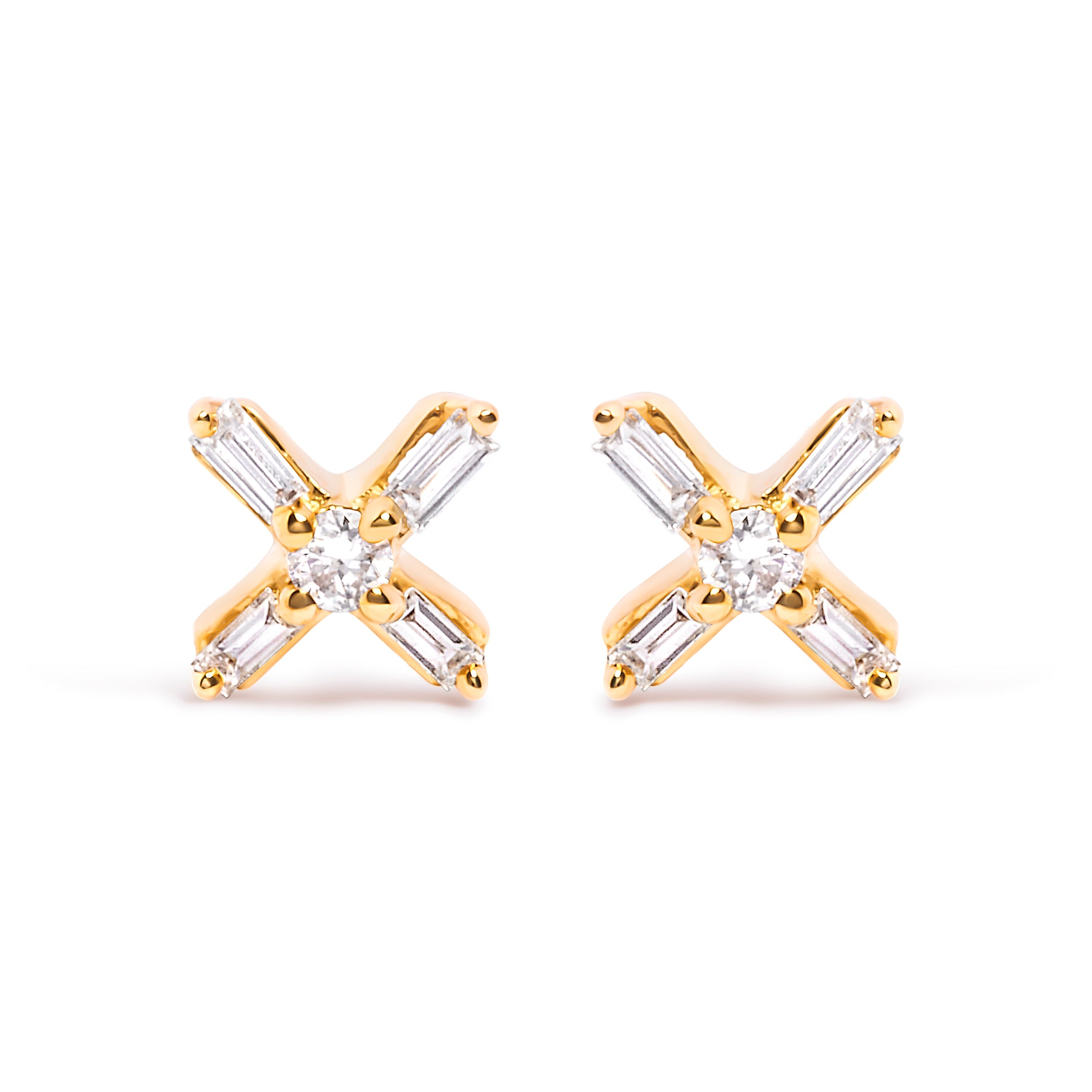 10K Yellow Gold 1/10 Cttw Round and Baguette Diamond Criss Cross X Stud Earring (H-I Color, I1-I2 Clarity)