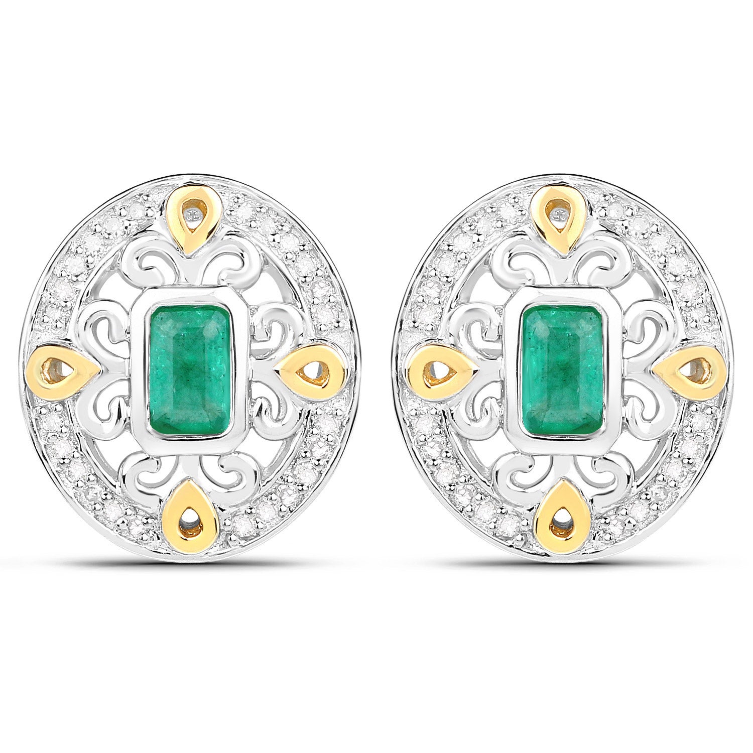0.69 Carat Genuine Zambian Emerald and White Diamond .925 Sterling Silver Earrings