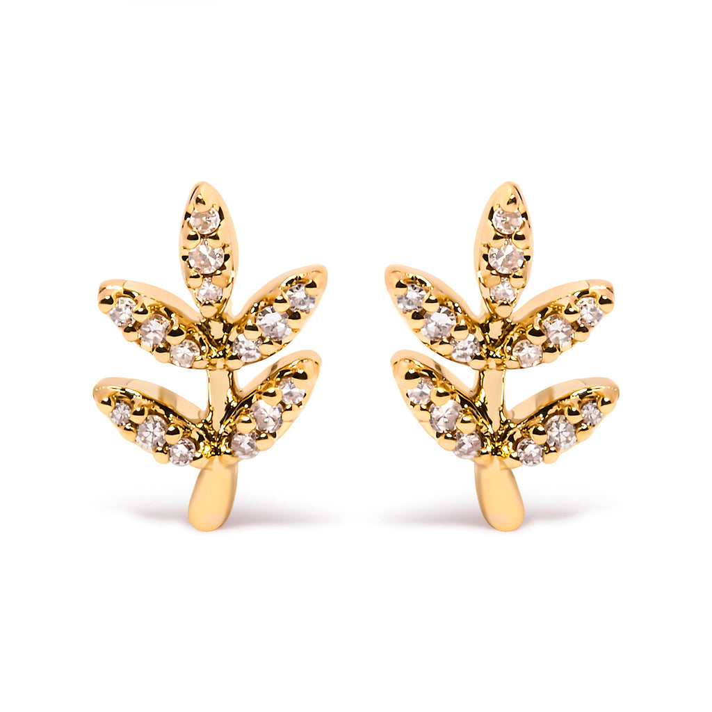 10K Yellow Gold 1/10 Cttw Diamond Accented Leaf and Branch Stud Earrings (H-I Color, I1-I2 Clarity)
