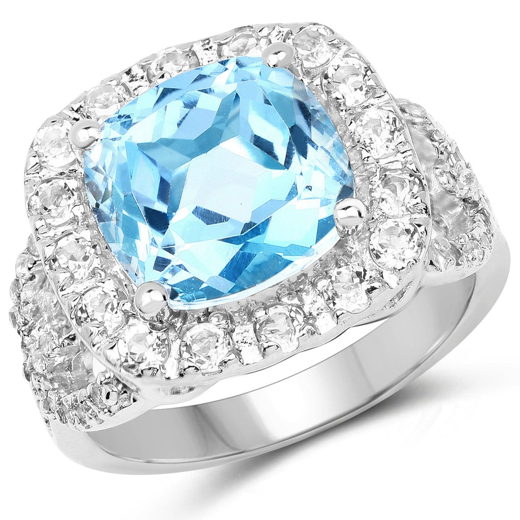 5.17 Carat Genuine Blue Topaz and White Topaz .925 Sterling Silver Ring