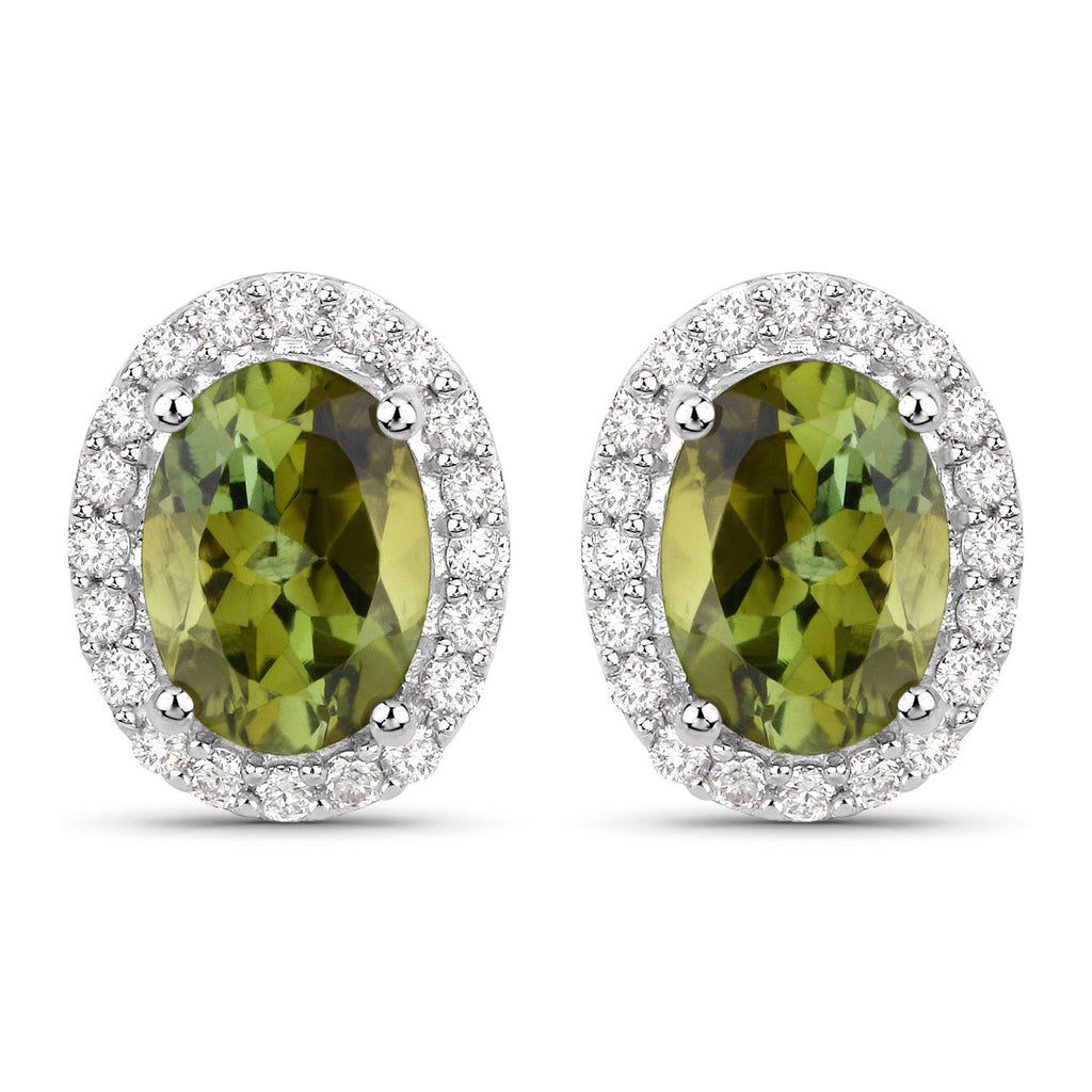 1.92 Carat Genuine Green Tourmaline and White Diamond 14K White Gold Earrings