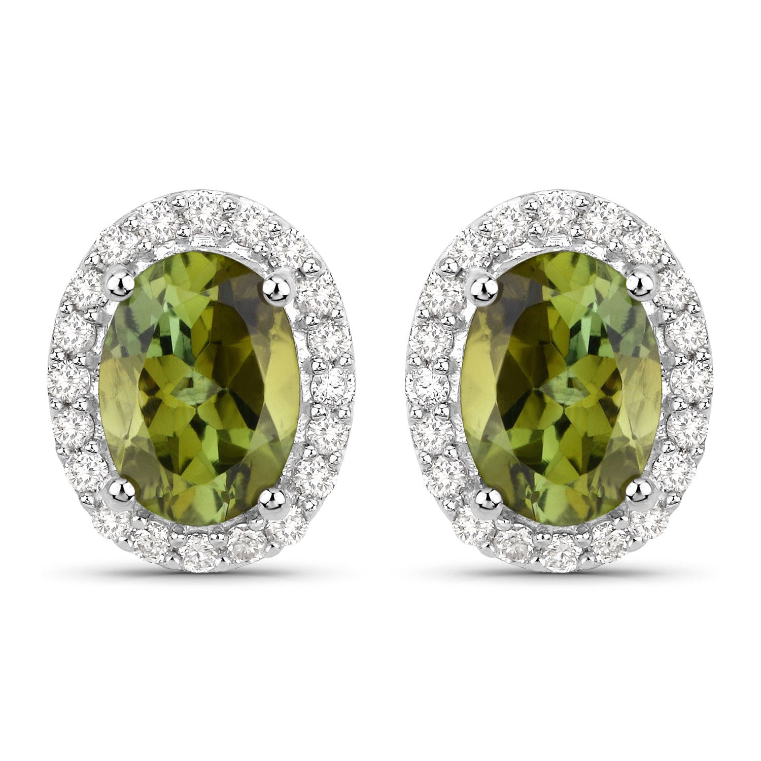 1.92 Carat Genuine Green Tourmaline and White Diamond 14K White Gold Earrings