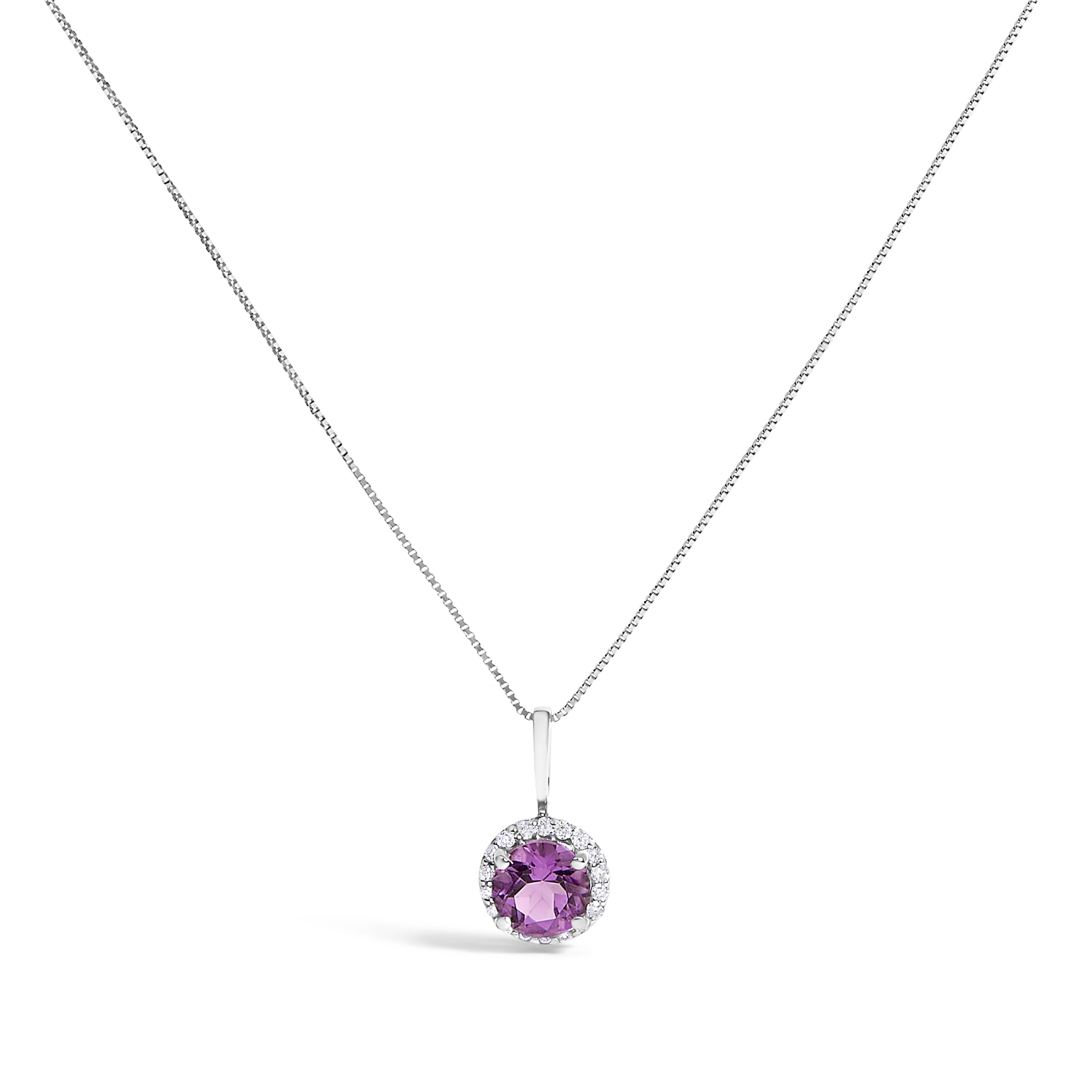 10K White Gold Purple Amethyst and 1/10 Cttw Diamond Accent Halo Pendant Necklace