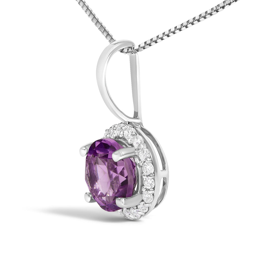 10K White Gold Purple Amethyst and 1/10 Cttw Diamond Accent Halo Pendant Necklace
