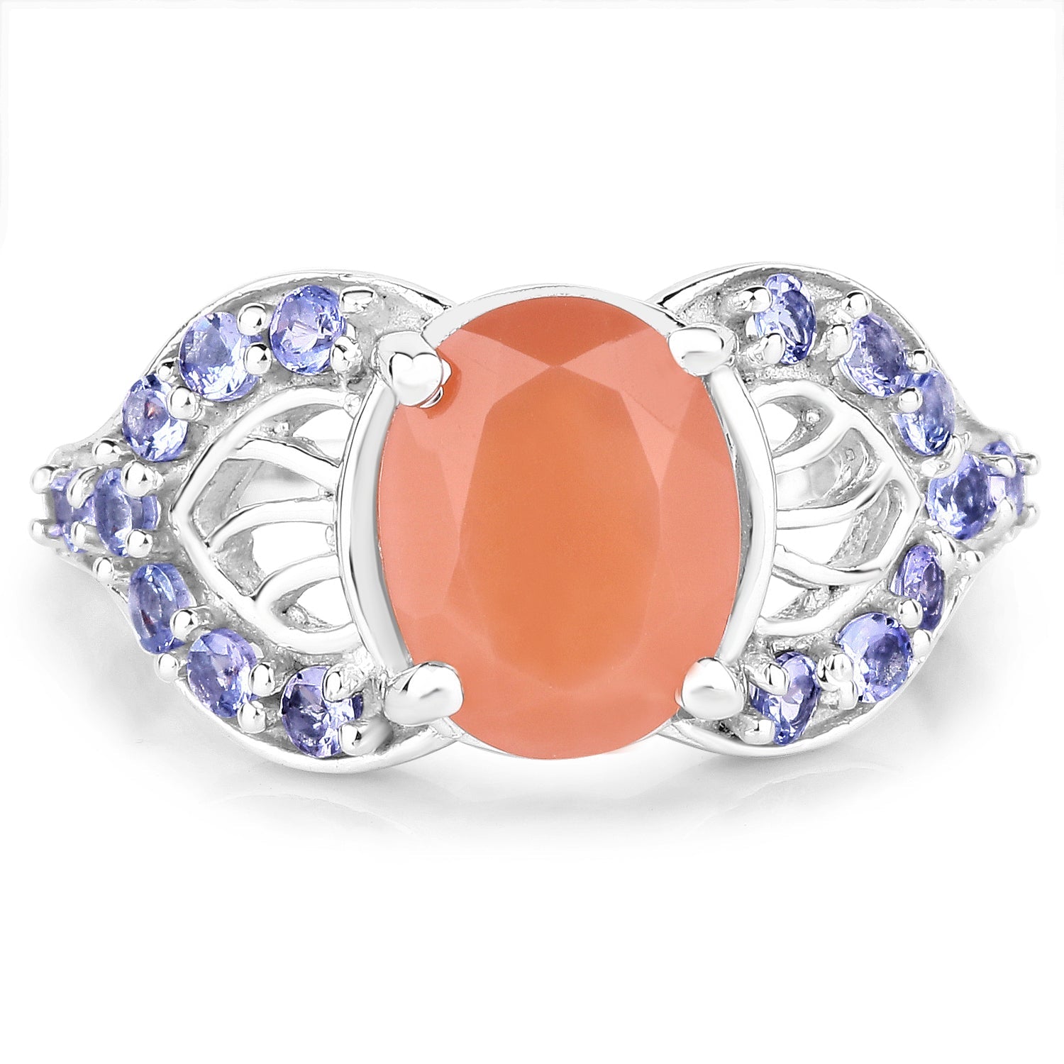 3.06 Carat Genuine Peach Moonstone and Tanzanite .925 Sterling Silver Ring