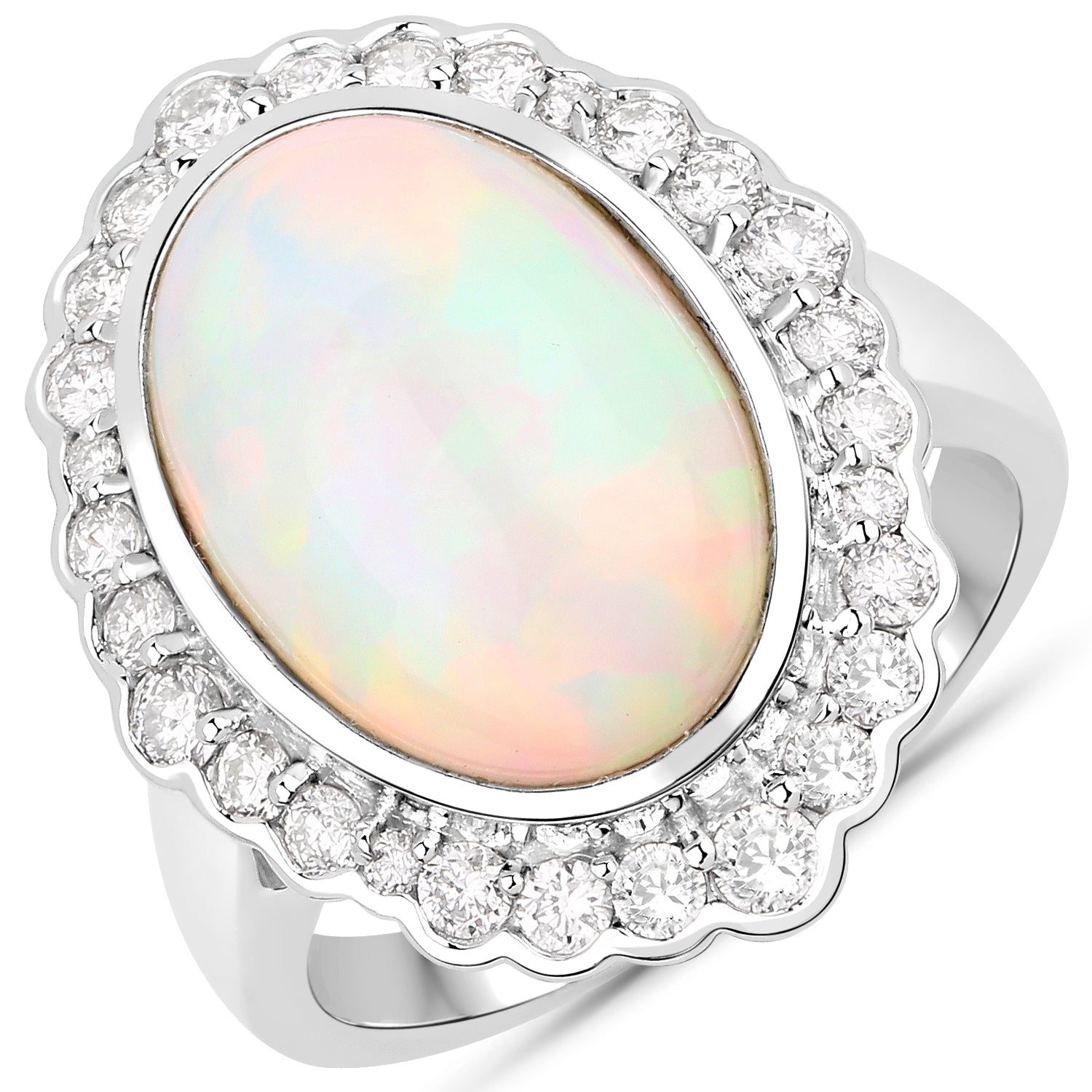 6.38 Carat Genuine Ethiopian Opal and White Diamond 14K White Gold Ring