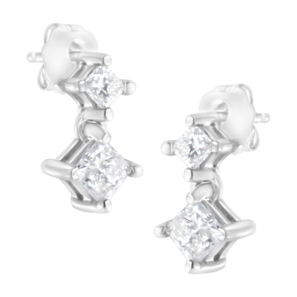 14K White Gold 3/4 cttw Double Diamond Princess-Cut Stud Earrings (I-J Clarity, I2-I3 Color)