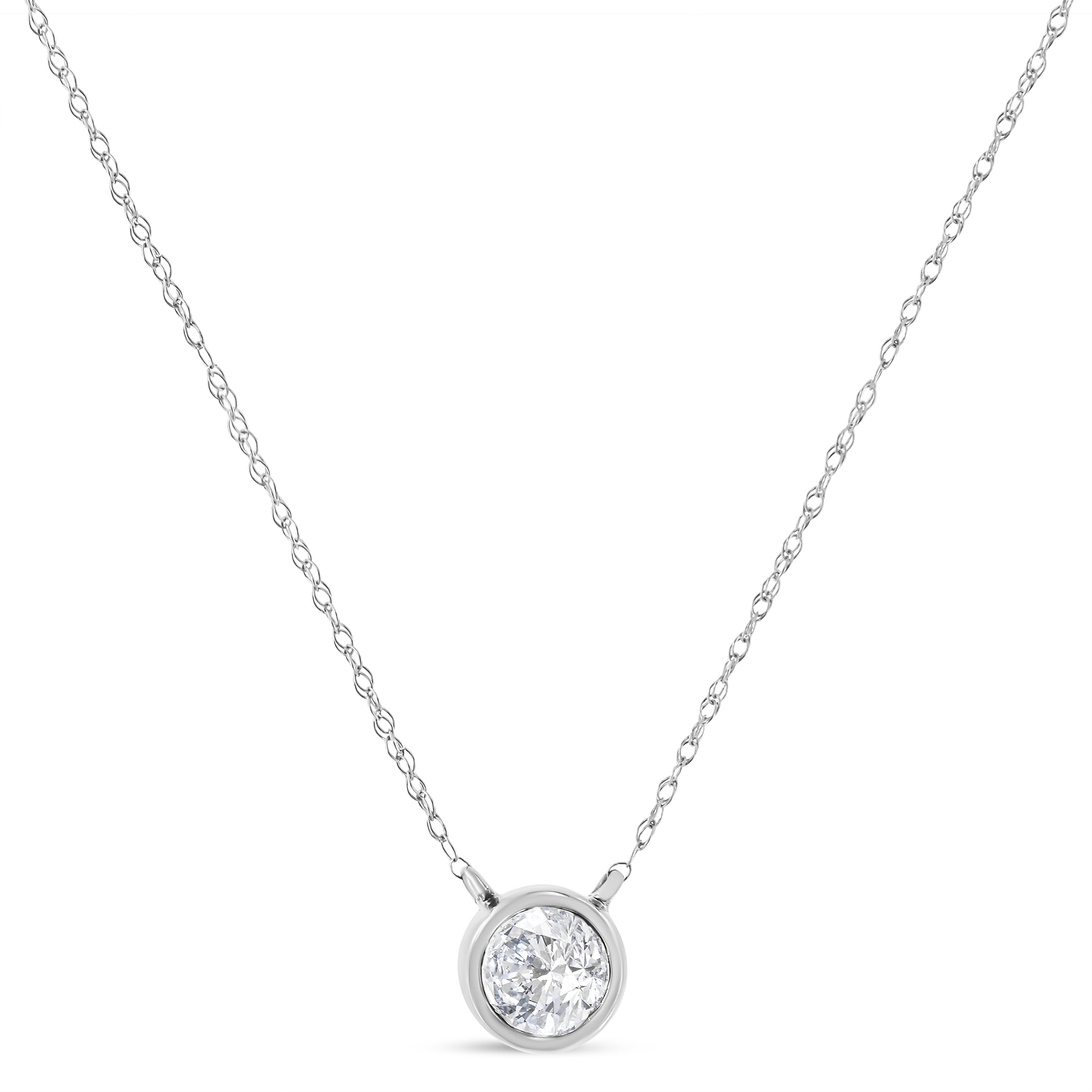 AGS Certified 10K White Gold 1/5 Cttw Bezel Set Round Diamond Solitaire 16-18" Adjustable Pendant Necklace (H-I Color, SI1-SI2 Clarity)