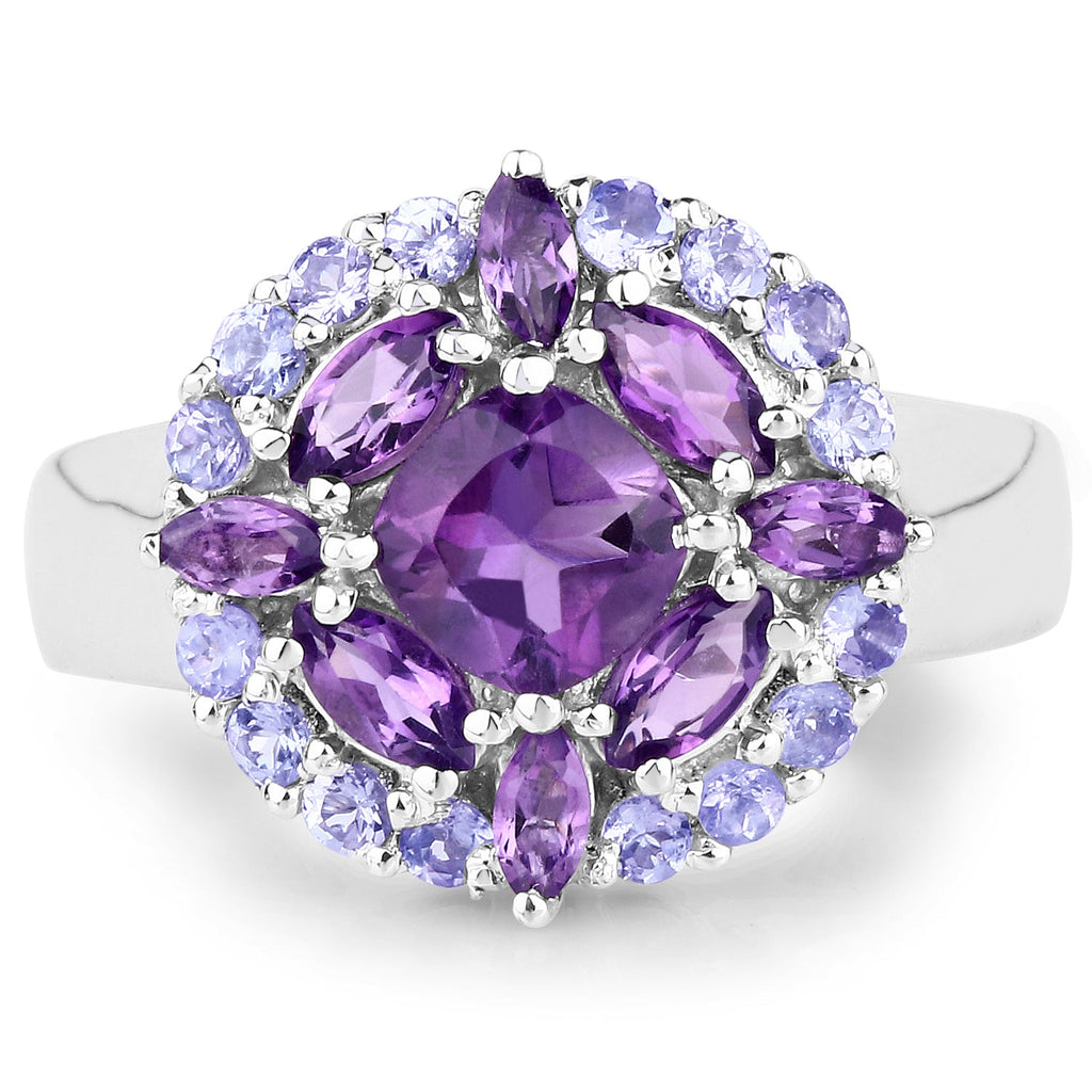 2.19 Carat Genuine Amethyst and Tanzanite .925 Sterling Silver Ring