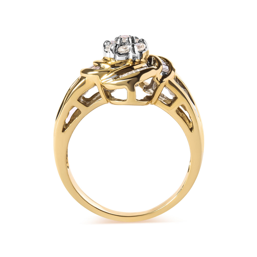 10K Yellow Gold 1/2 Cttw Round and Baguette Diamond Flower Swirl Cocktail Ring (I-J Color, SI2-I1 Clarity) - Ring Size 7