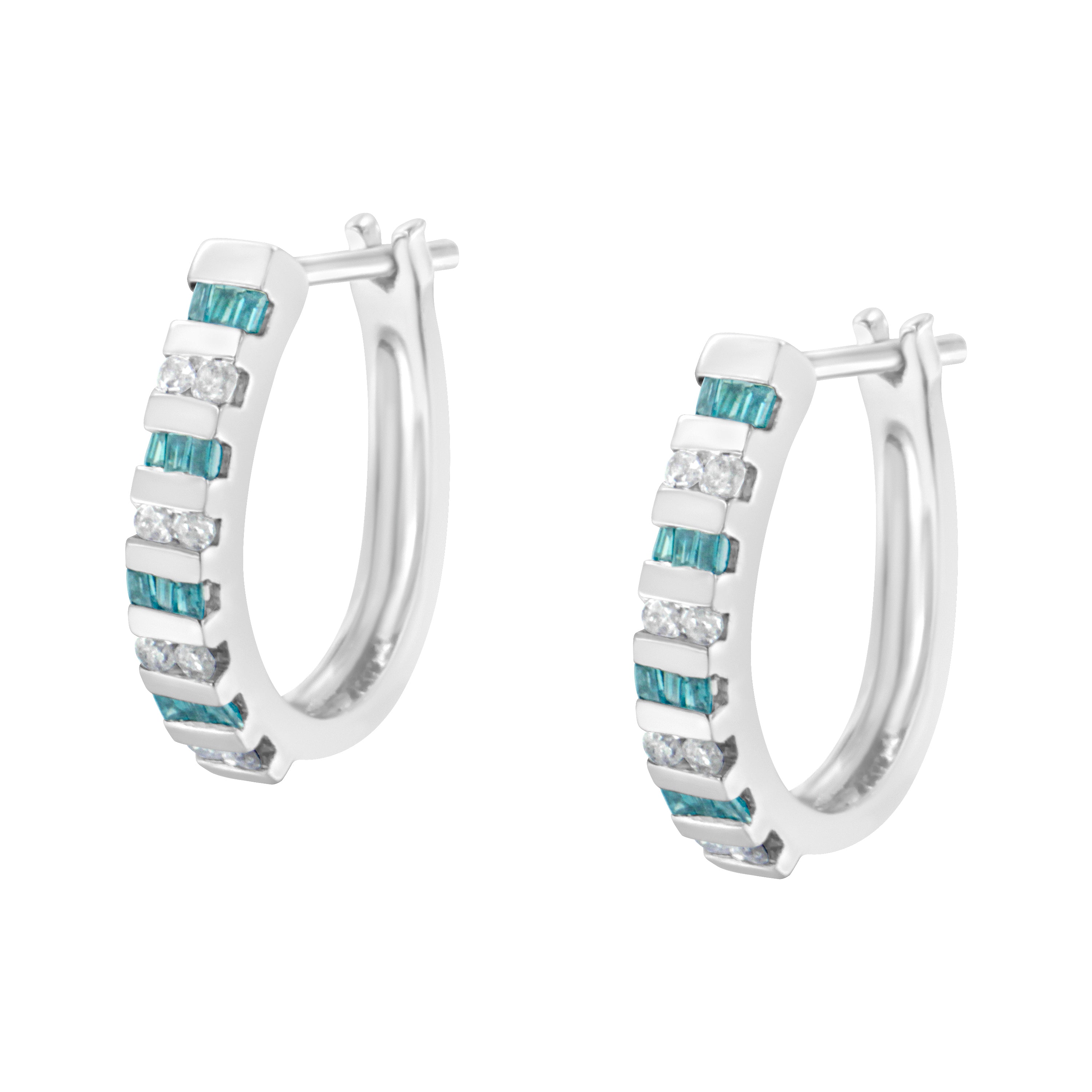 10k White Gold Round and Blue Baguette 1/2 cttw Diamond Hoop Earrings (I-J Color, I2-I3 Clarity)