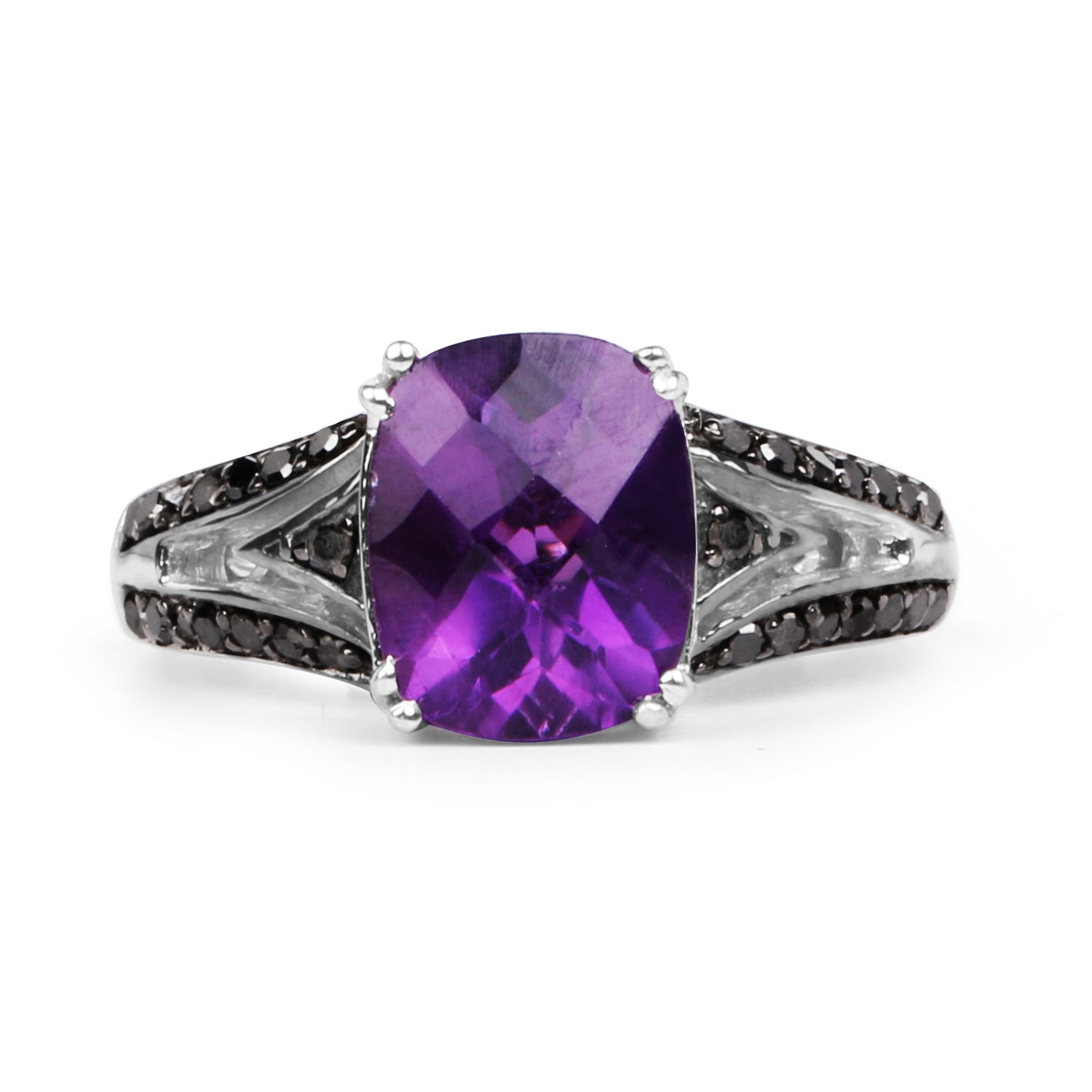 2.87 Carat Genuine Amethyst and Black Diamond .925 Sterling Silver Ring