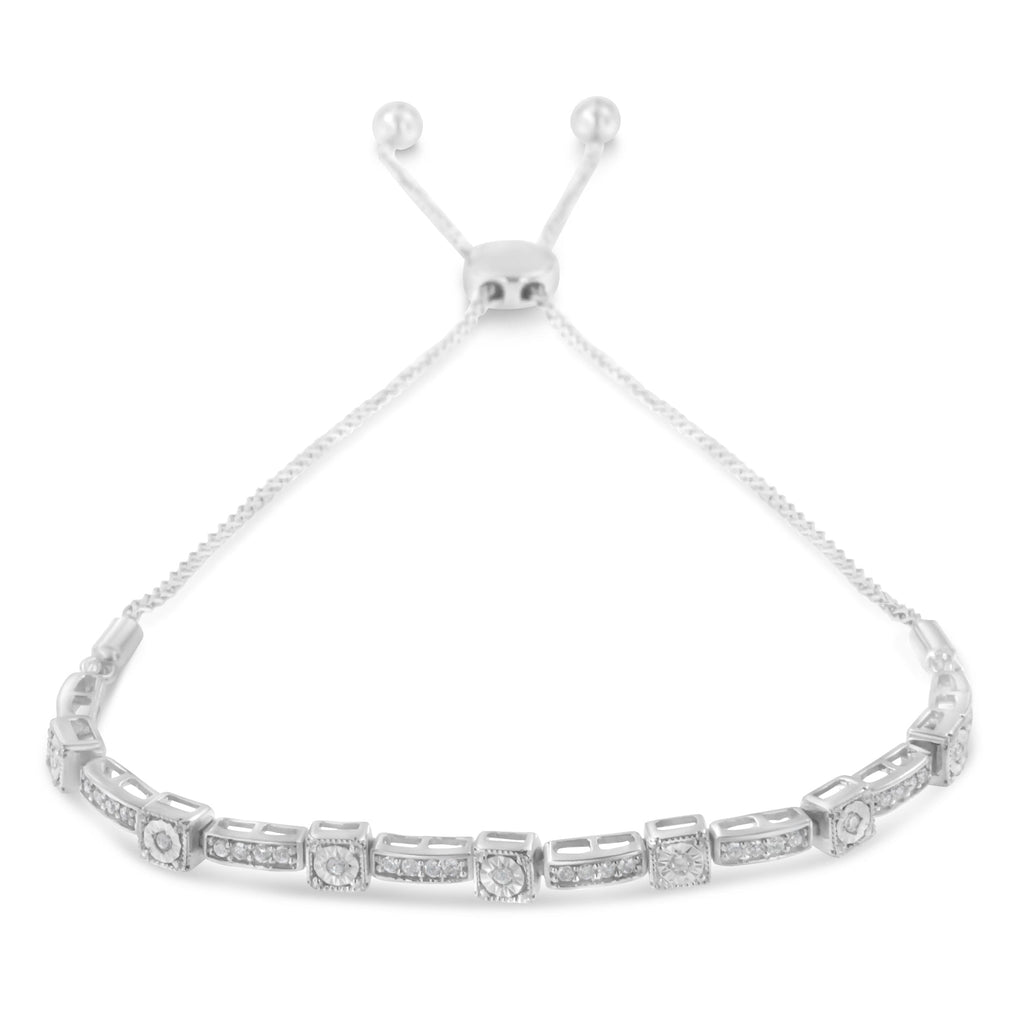 .925 Sterling Silver 1/4 Cttw Diamond 4â€-10â€ Adjustable Bolo Alternating Square and Rectangle Bolo Bracelet (I-J Color, I3 Clarity)